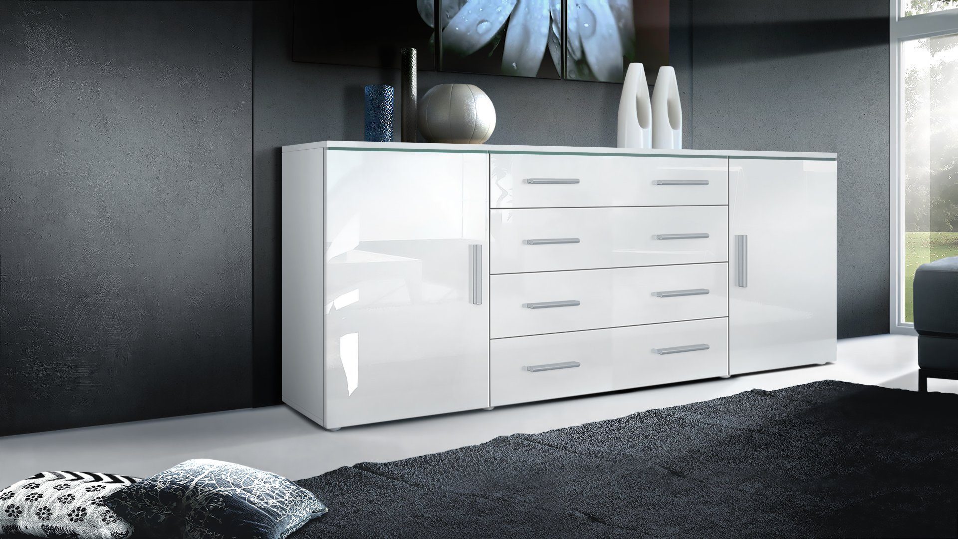 Vladon Sideboard Verona V2 (Kommode, mit 2 Türen und 4 Schubladen), Weiß matt/Weiß Hochglanz (166 x 72 x 35)