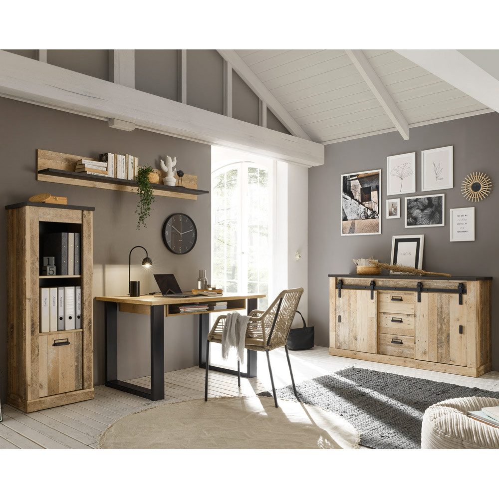 Lomadox Büromöbel-Set SHELTON-61, (Spar-Set, 4-tlg., Schreibtisch Regal Wandregal Sideboard), Büroschrank Set Old Style hell Nb. mit anthrazit, : 378/200/60 cm