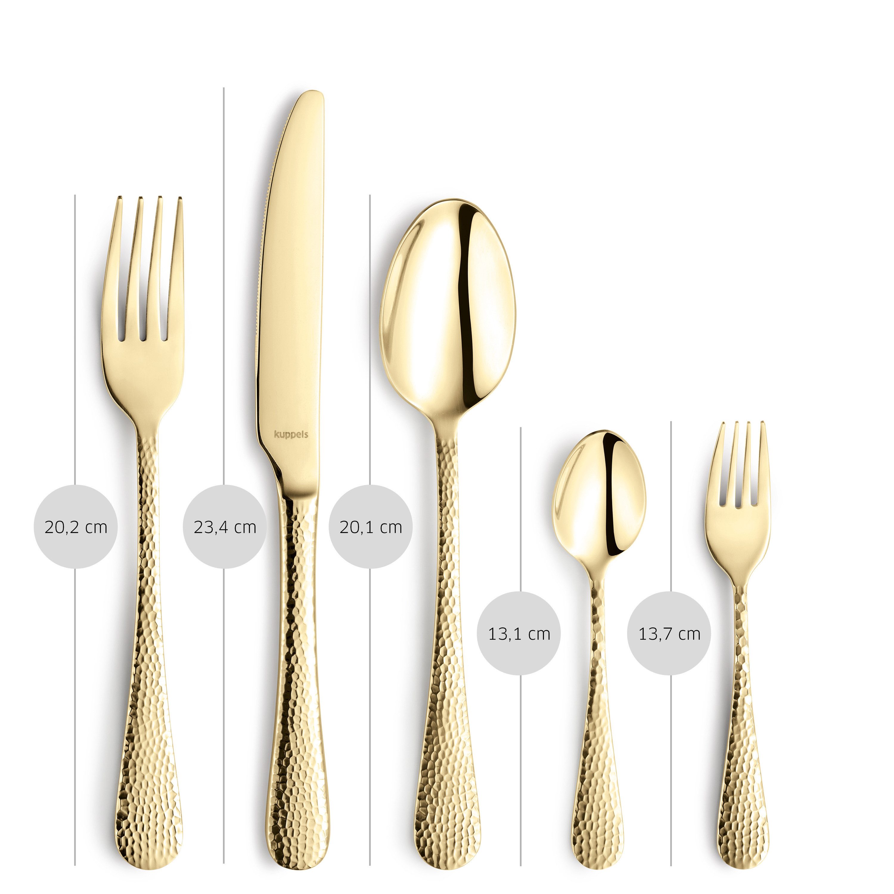 Kuppels Besteck-Set CRYSTAL (30-tlg), 6 Personen, Edelstahl Rostfrei 18/0, gehämmert, mit champagnerfarbener PVD Veredelung – Bild 5 von 5