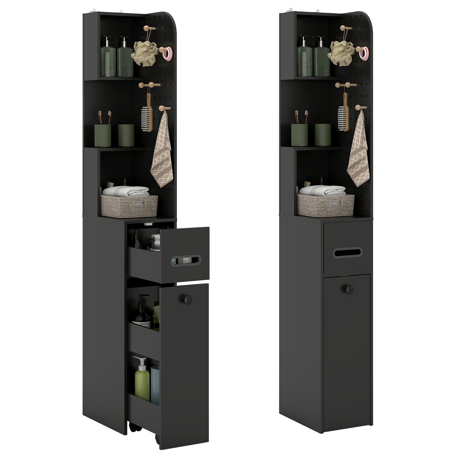 Puluomis Badkommode Badezimmerschrank mit Schubladen, Lochwand, Hochschrank schmal, 35x24x165 cm, Aufbewahrungsschrank für Bad, Küche