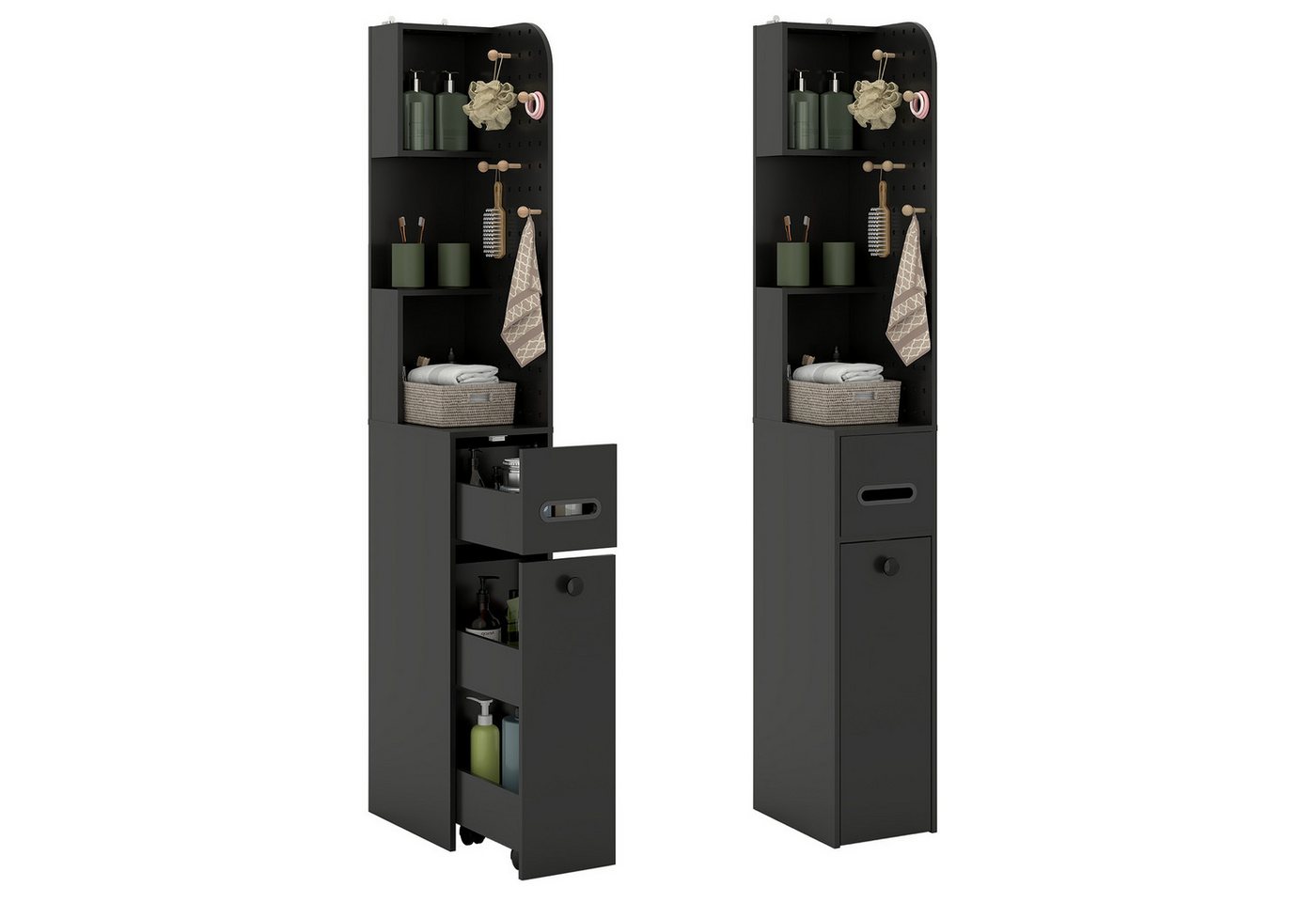 Puluomis Badkommode Badezimmerschrank mit Schubladen, Lochwand, Hochschrank schmal, 35x24x165 cm, Aufbewahrungsschrank für Bad, Küche