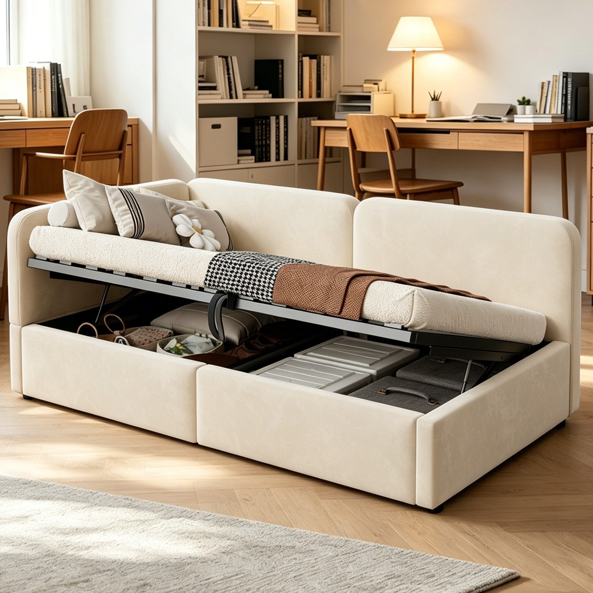 BlingBin Schlafsofa Schlafcouch-Polsterbett mit Samtbezug & hydraulischem Stauraum, 1er Set 1 Teile, hohes Kopfteil mit austauschbaren Rückenlehnen für Kinder &  Erwachsene