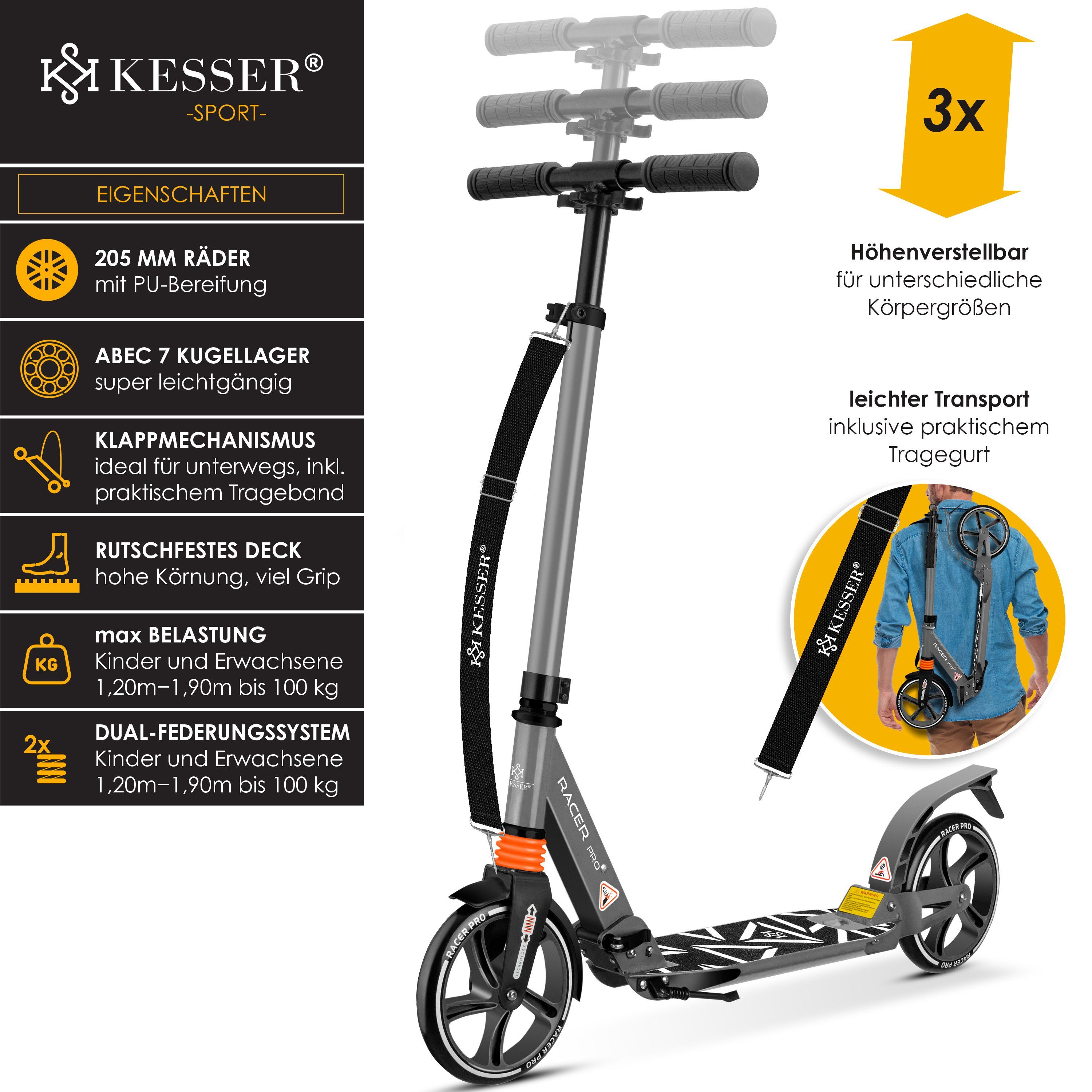 KESSER Scooter, Cityroller Scooter 205mm Räder PU Big Wheel Pro-S Tretroller