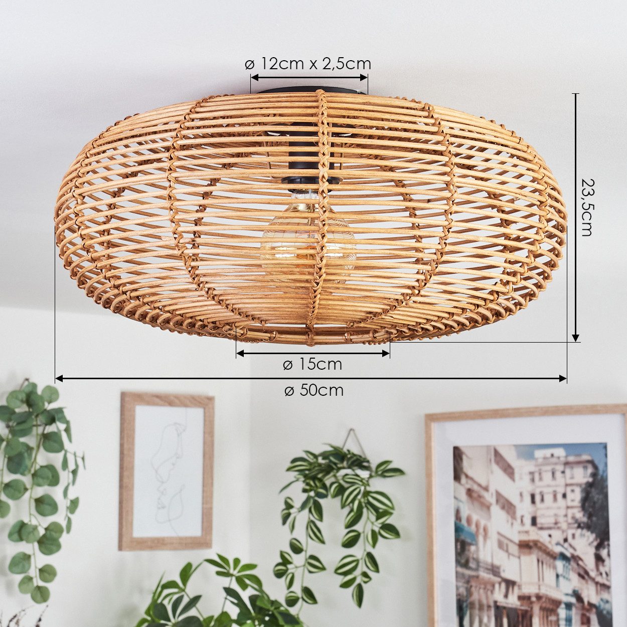 hofstein Deckenleuchte moderne Deckenlampe aus Metall/Rattan in Schwarz/Natur, ohne Leuchtmittel, Lichteffekt an der Decke, Ø 50 cm, 1 x E27, ohne Leuchtmittel – Bild 5 von 5