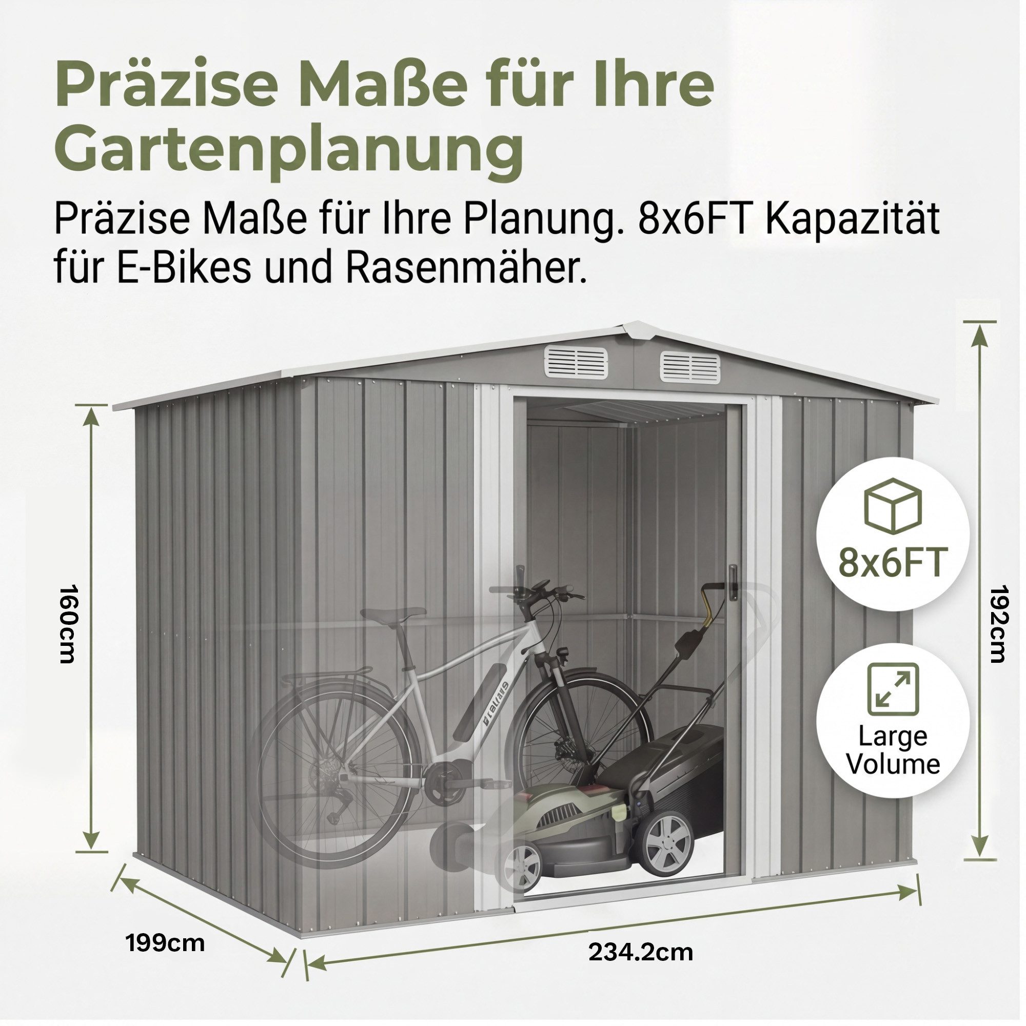GUNJI Gerätehaus Metall Geräteschuppen Inkl. Stahlfundament, Gartenhaus mit Pultdach, M: 1,8m x 1,1m, L: 2.3m x 2m, XL: 2.4m x 3m, Doppelschiebetür