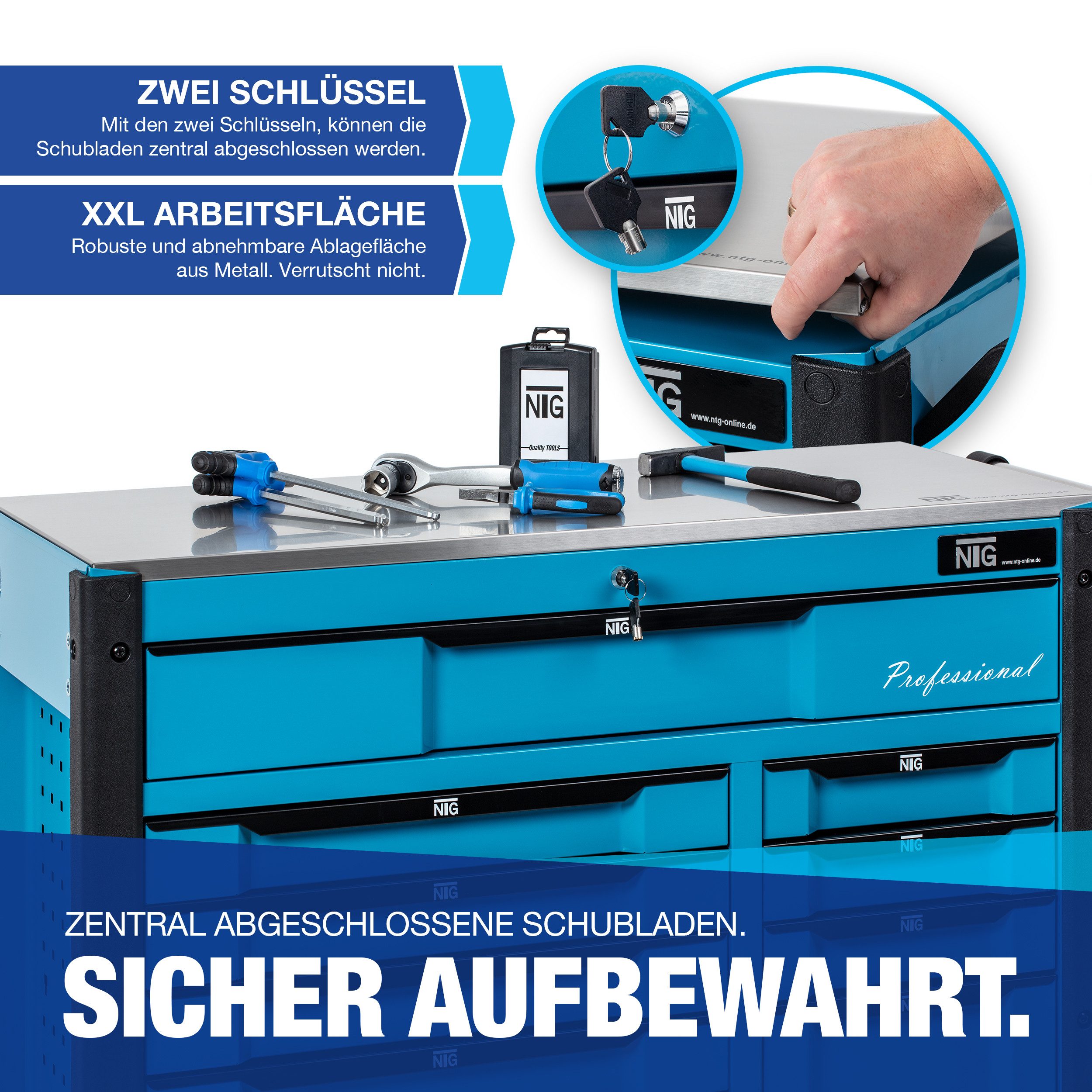 NTG Nutzfahrzeug Technik GmbH Werkstattwagen XXL Werkzeugwagen 457 Teilig 12 Schubladen Werkzeugkiste Abschließbar, 454-tlg. Werkzeugset, (457-tlg), Soft Inlays – Bild 5 von 5