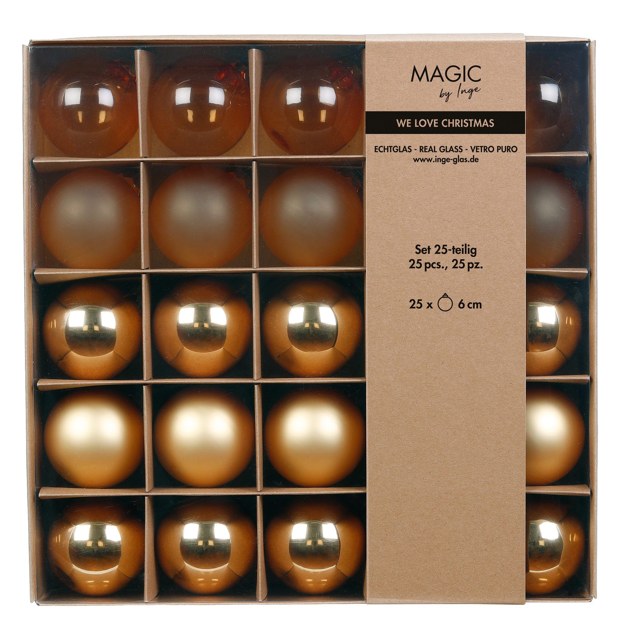 MAGIC by Inge Weihnachtsbaumkugel, Weihnachtskugeln Glas 6cm 25er Set - Brokatgold teils transparent