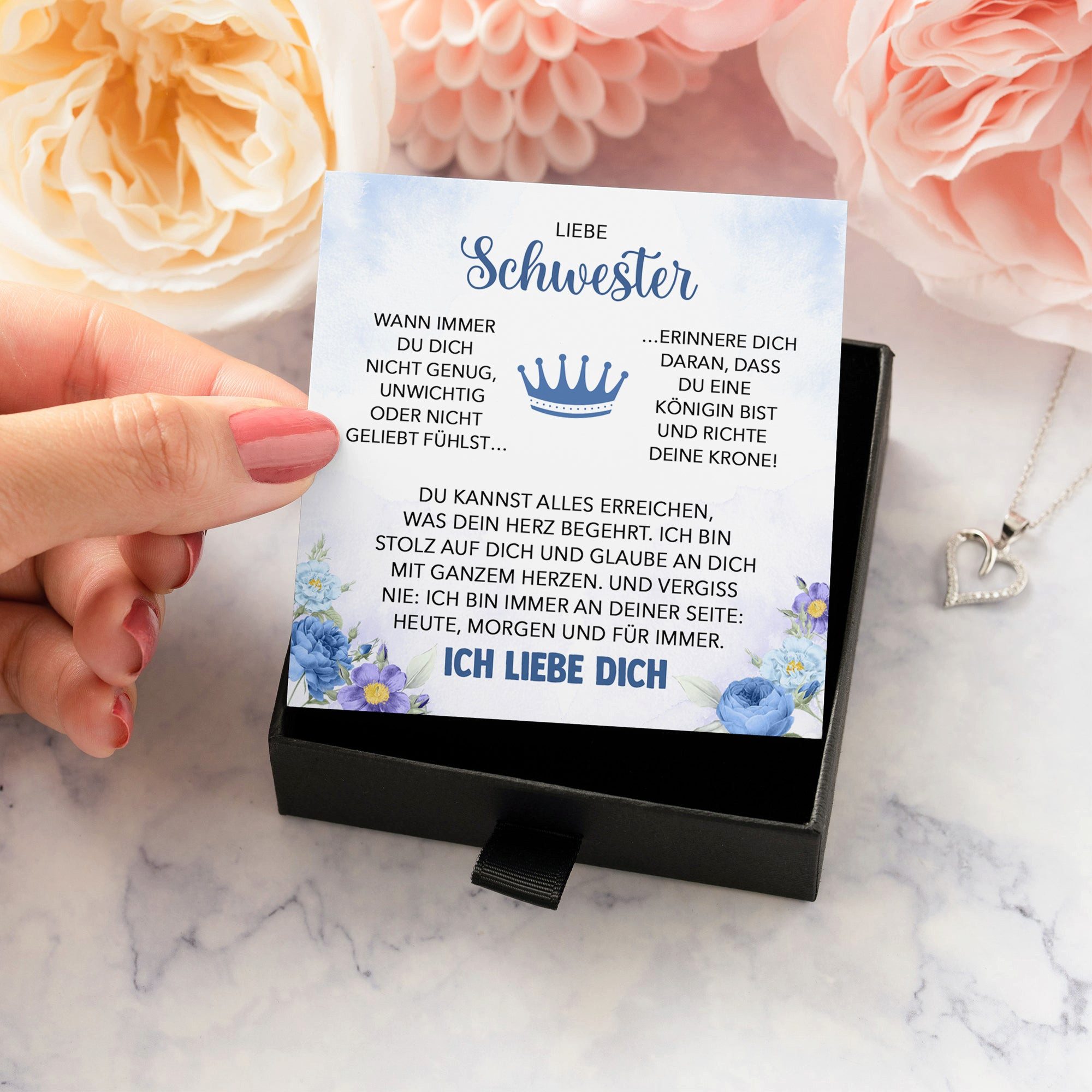 22Feels Schmuckset Liebe Schwester Geschenk Frauen Mädchen Herz Halskette Geschwister (inkl. Geschenktasche, Karte(n), Poliertuch, Beutel), Silber 925/000, Karte Made In Germany