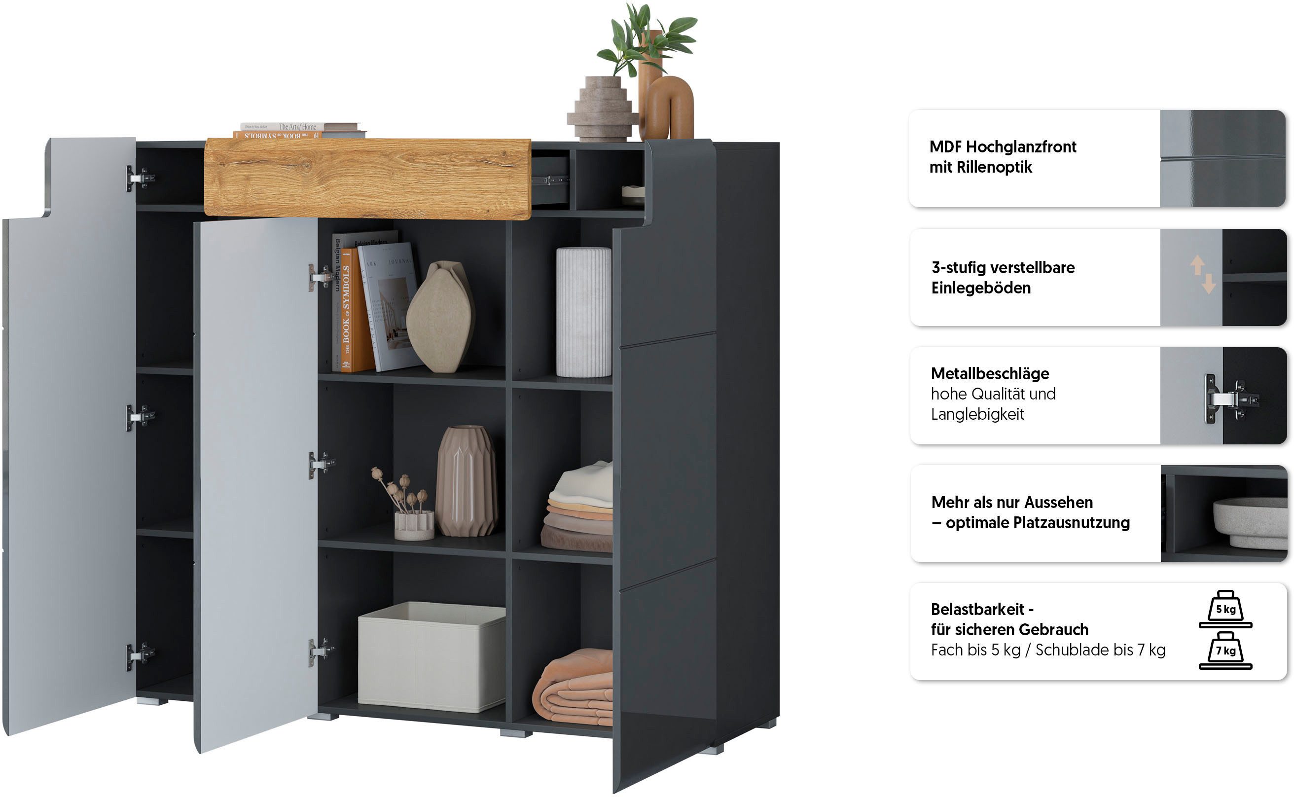 OTTO home Highboard Toledo,Breite 147,5 cm,trendige Hochkommode mit 3 Türen 1SK, Hochschrank mit viel Stauraum, stylische Hochglanzfronten