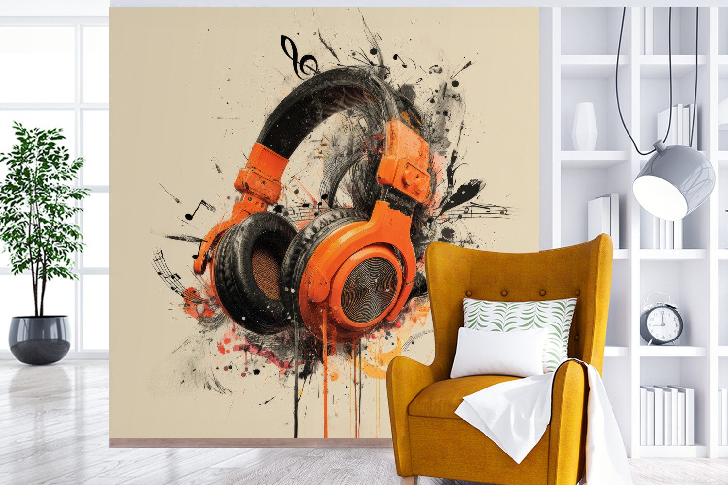 MuchoWow Fototapete Kopfhörer - Orange - Explosiv, Matt, bedruckt, Vliestapete für Wohnzimmer Schlafzimmer Küche, Fototapete, 220x220 cm