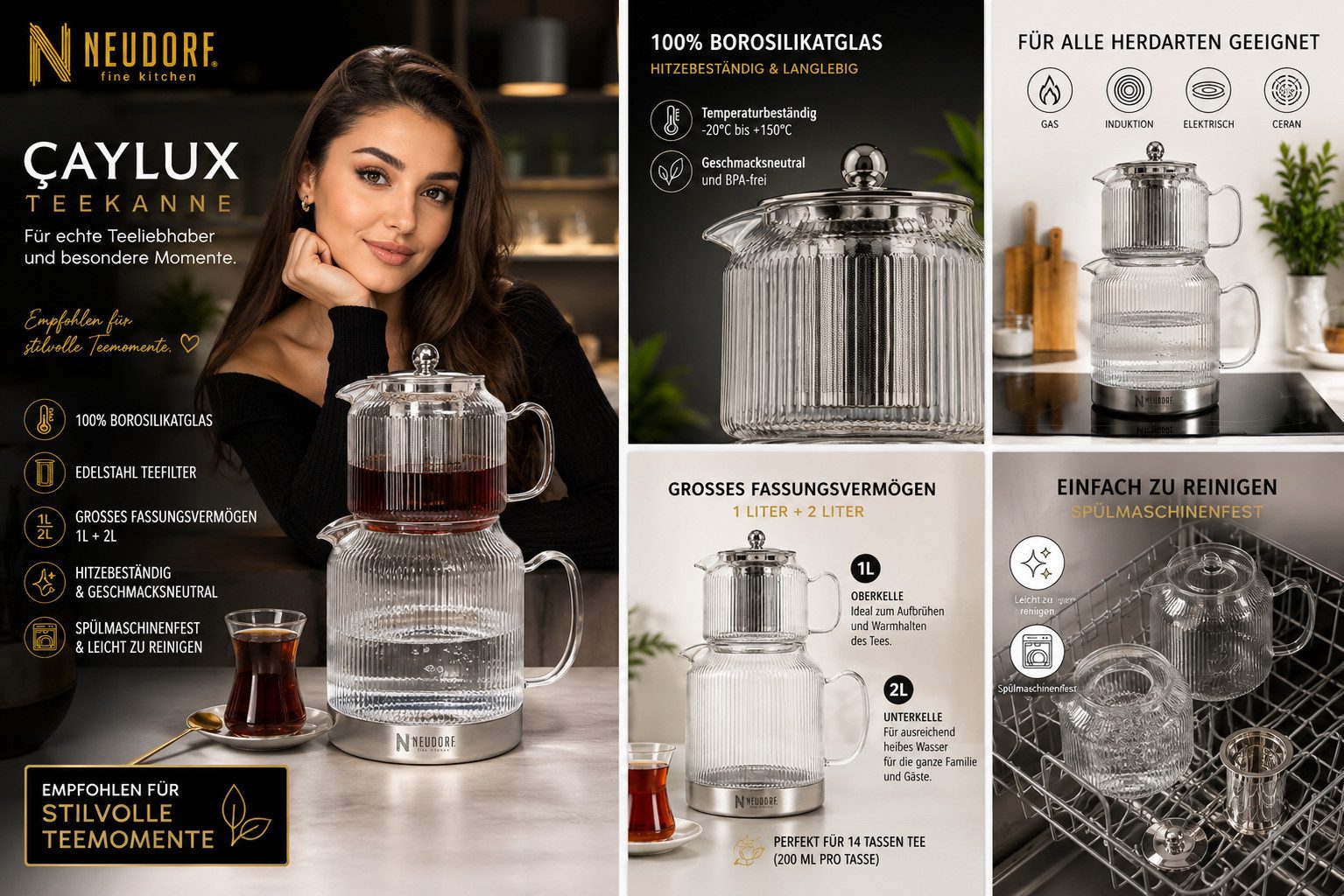Ertex Caydanlik-Teekanne Teekanne Caydanlik Borosilikat Glas-Teekannen-Set, 3L/2,5L Induktion