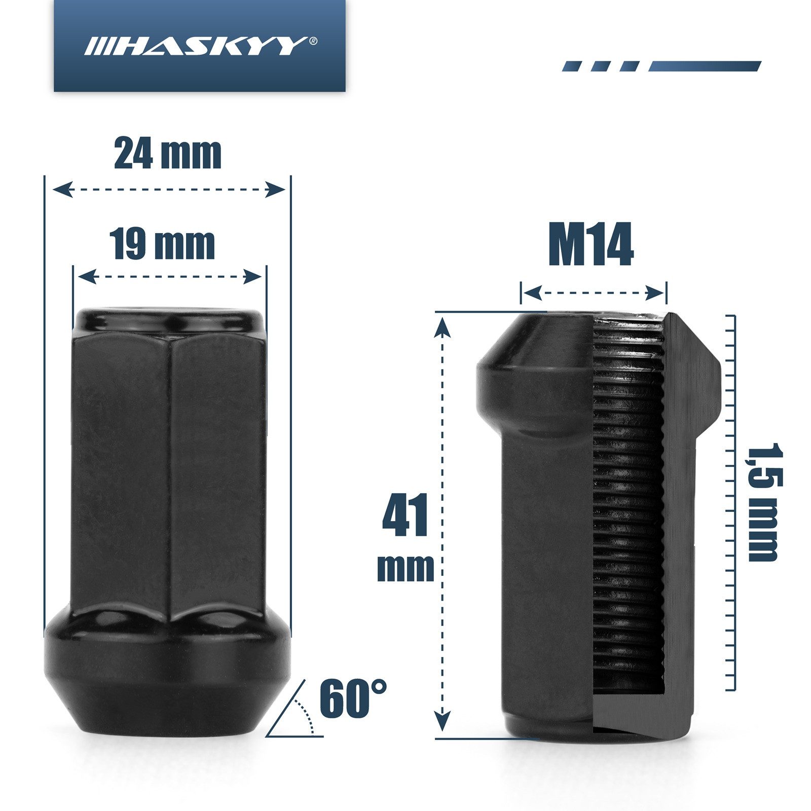 HASKYY Reifenmontagemaschine 20x Radmuttern M14x1,5x41 Kegel 60° SW19 Schwarz Dodge RAM bis 2018