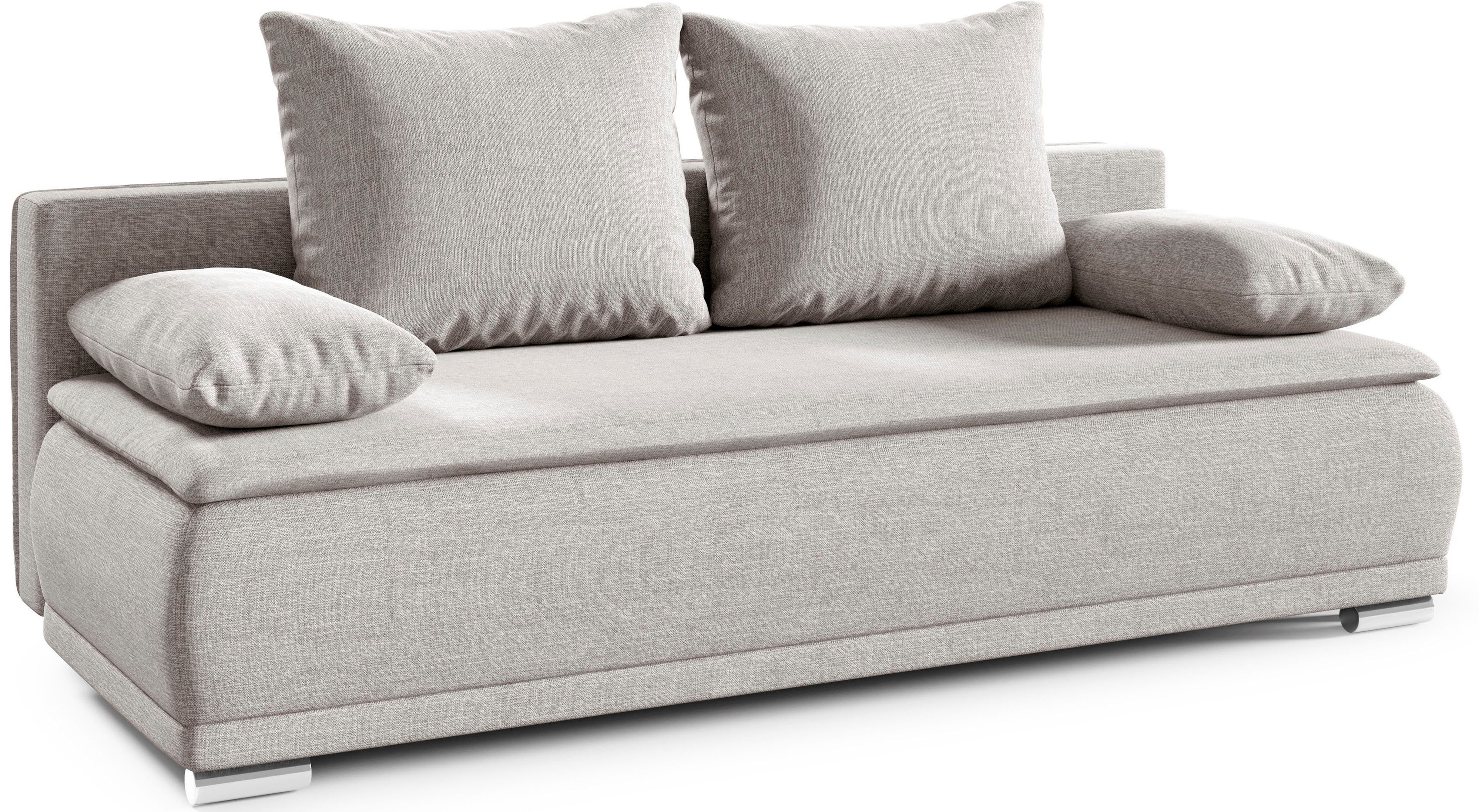 WERK2 Schlafsofa Biggi komfortabel & elegant, Schlaffunktion, Bettkasten, Breite 206 cm, inkl. losen Kissen, Struktur fein, weich BREEZE, Hellgrau