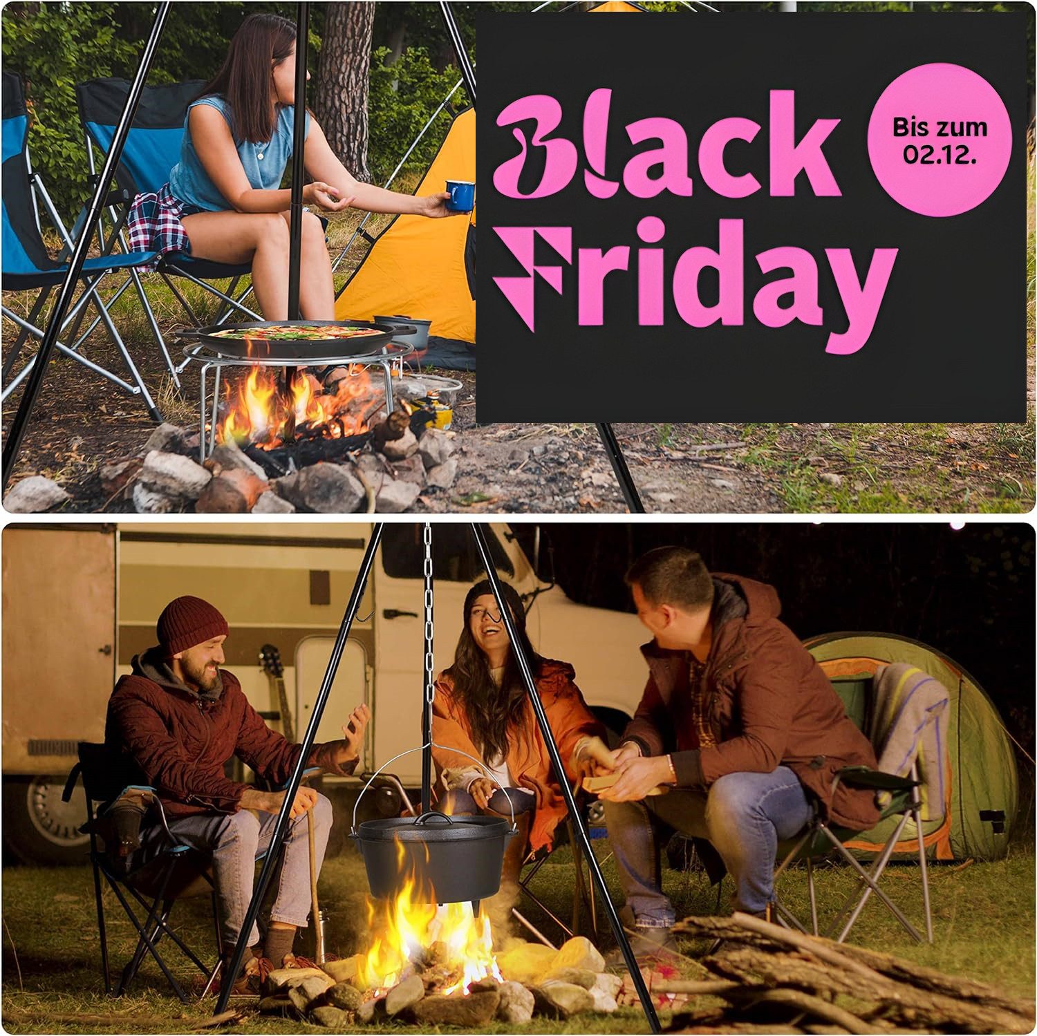 Meateor Schwenkgrill BLACK FRIDAY ANGEBOT Schwenkgrill, Set, Dreibein, Dutch Oven, Pfanne, Grillrost, Untersetzer, Perfekt für Garten, Camping, Park, Festival, Strand