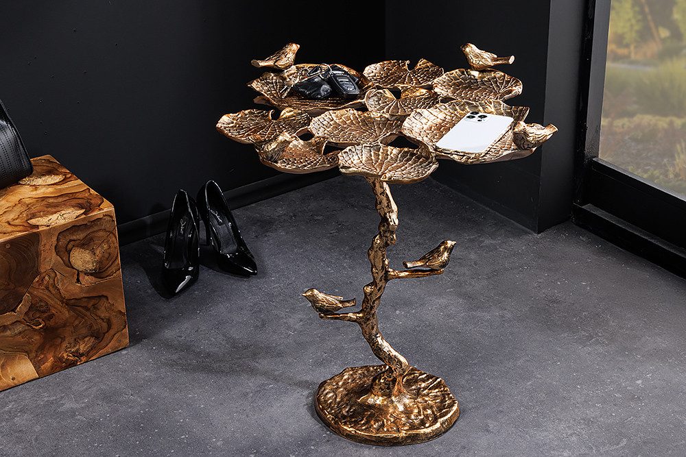 riess-ambiente Beistelltisch BIRDS 65cm messing · In- & Outdoor-Tisch mit Blatt-Design aus Metall (Einzelartikel, 1-St), Wetterfester Gartentisch mit Vogel-Skulpturen · handmade Dekotisch