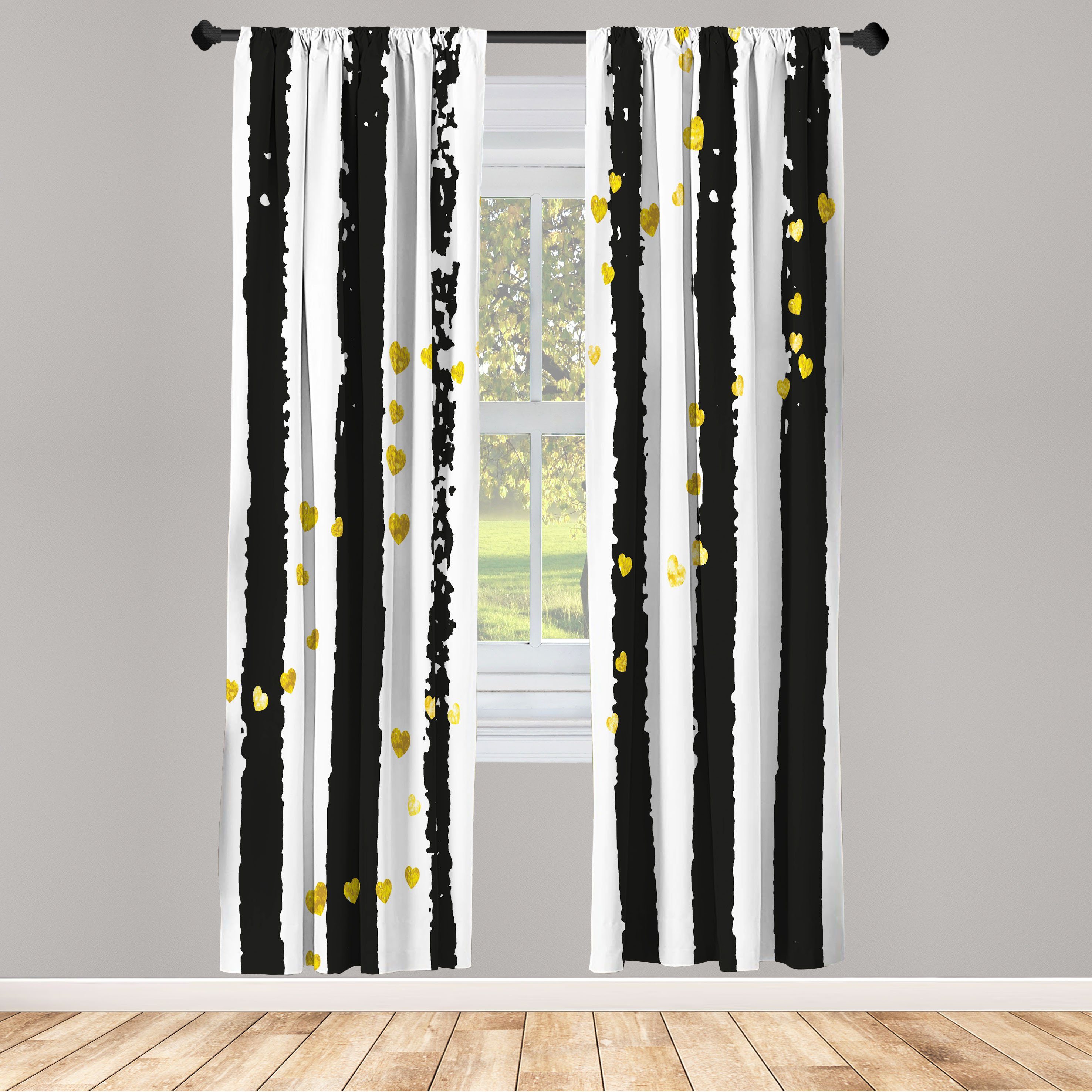 Gardine Vorhang für Wohnzimmer Schlafzimmer Dekor, Abakuhaus, Microfaser, Abstrakt Herzen auf Grunge Stripes | Fertiggardinen