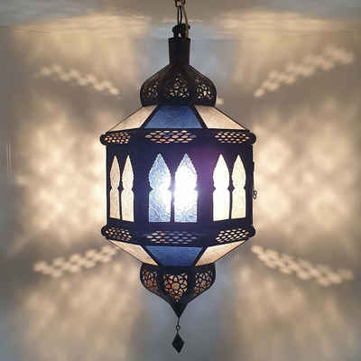Casa Moro Hängeleuchte Orientalische Lampe Trombia Biban Blau Weiß H 50 cm aus Eisen & Glas, ohne Leuchtmittel, Kunsthandwerk aus Marokko, L1236