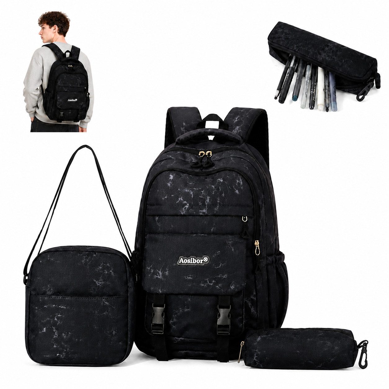 ibettertec Rucksack Rucksack Set 3 Teile Schulrucksack Tasche Federmappe Freizeit (Praktischer 3-in-1 Rucksack, mit passender Umhängetasche und Mäppchen), ideal für Alltag, Studium und Reisen