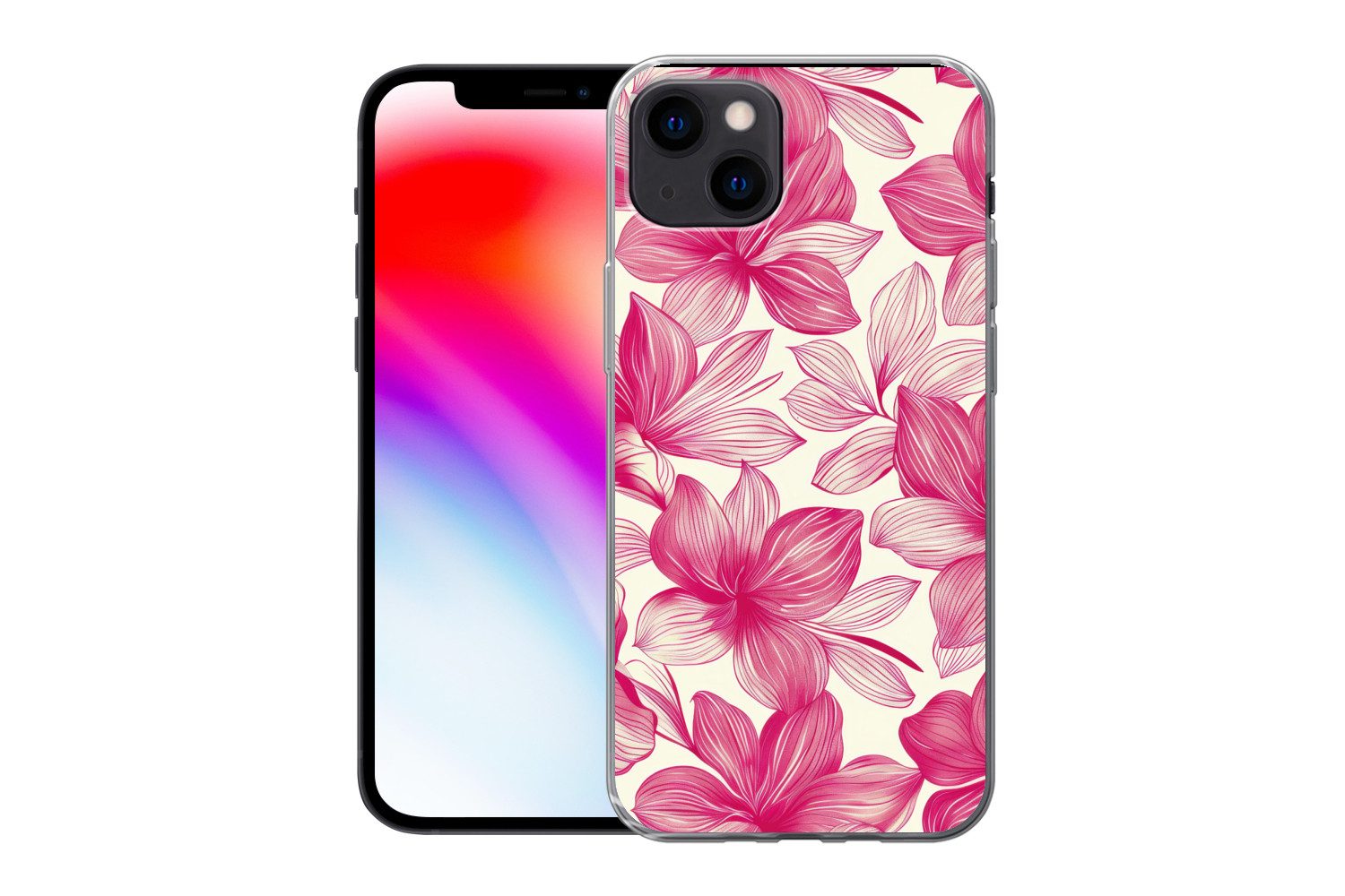 MuchoWow Handyhülle für Apple iPhone 13 Blumen - Muster - Rosa - Weiß, Smartphone-Bumper, Print, Handy Schutzhülle Dünn