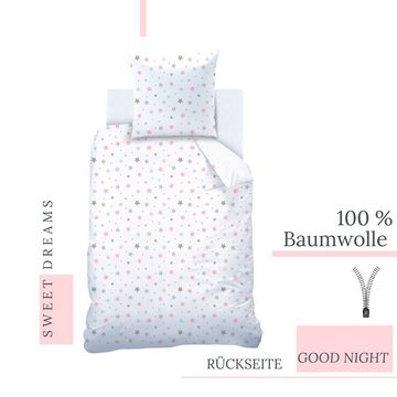 Bettwäsche Sweet Dreams 135x200 + 80x80 cm, 100 % Baumwolle, MTOnlinehandel, Renforcé, 2 teilig, Sterne, Wimpern Bettwäsche in rosa & grau für Kinder und Erwachsene