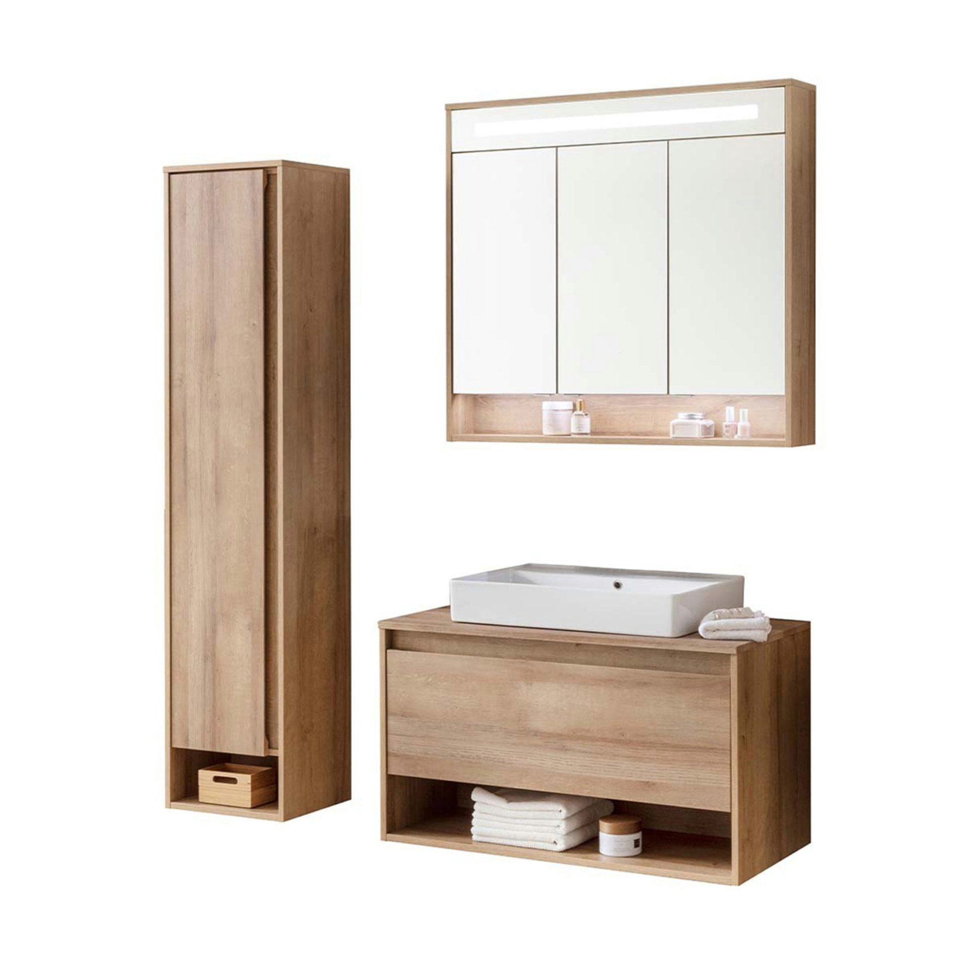 FACKELMANN Badmöbel-Set NATURA 94 cm, Braun hell + Spiegelschrank + Hochschrank links