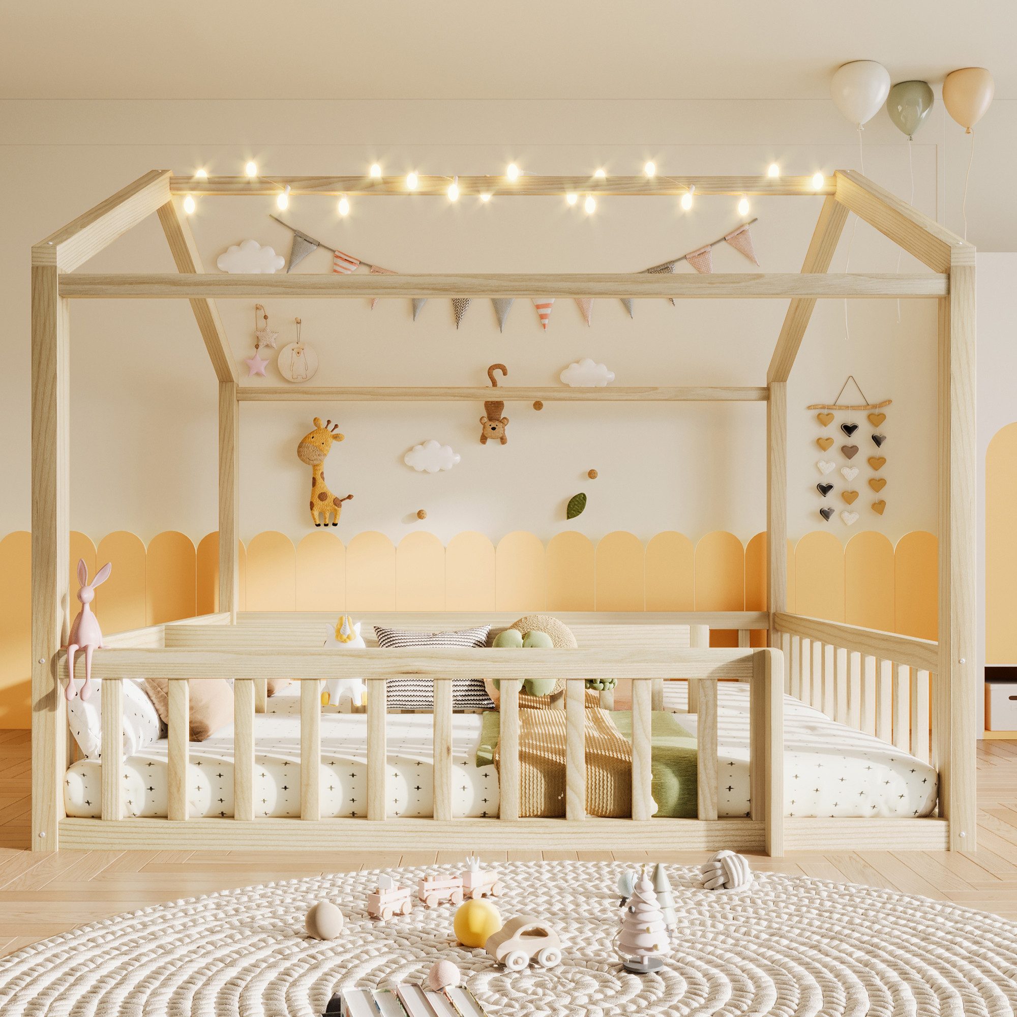 REDOM Kinderbett Holzbett Funktionsbett (mit LED & Sicherheitsgitter aus Kiefernholz, 90x190cm*2/180x190cm), ohne Matratze