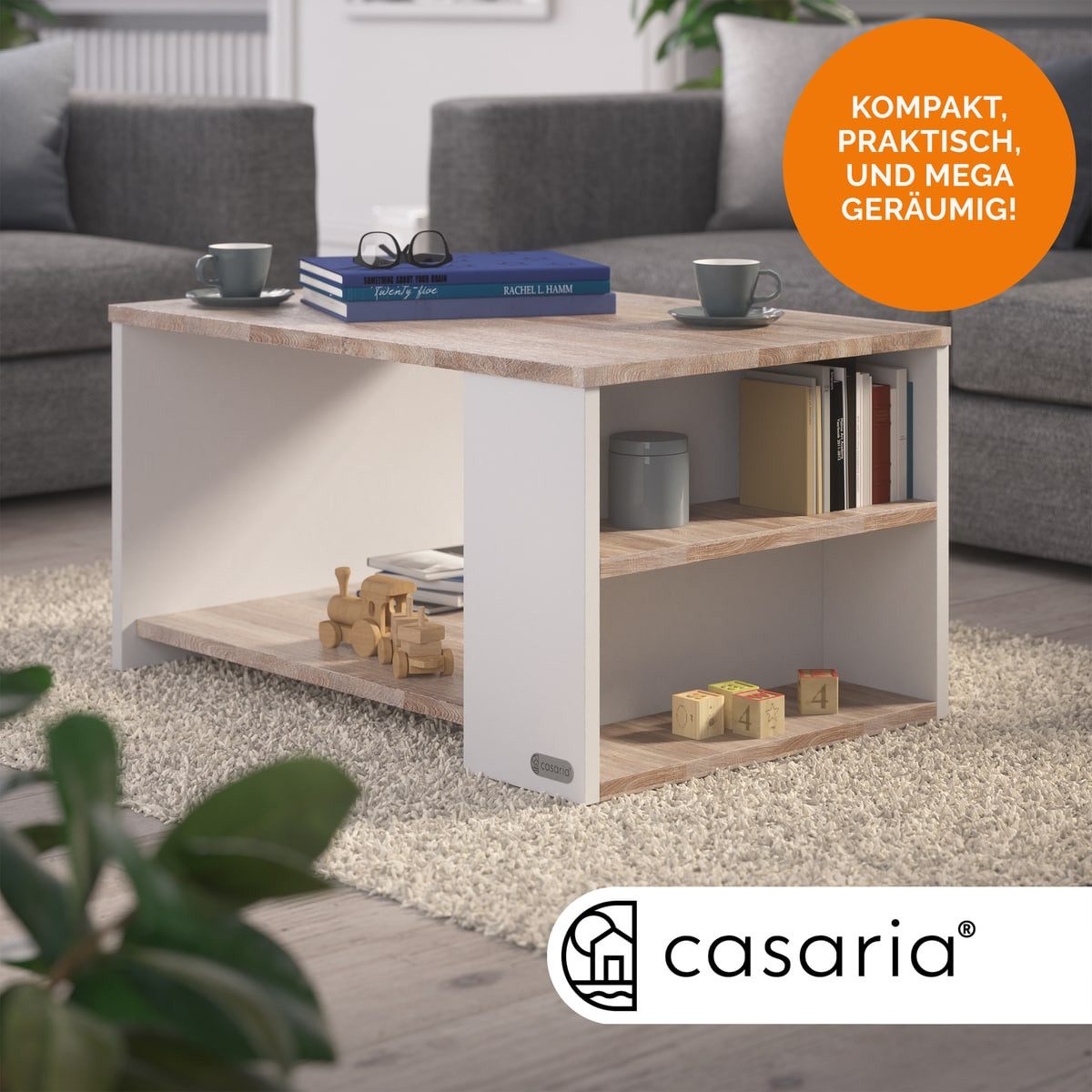 Casaria Couchtisch Santa Cruz, Wohnzimmertisch Stauraum Holz Weiß Eiche 90x günstig online kaufen