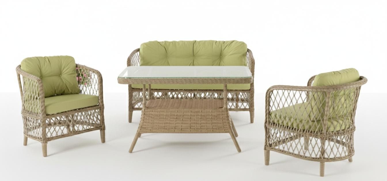 JVmoebel Gartenlounge-Set Terrassenset 2-Sitzer-Sofa Sessel Tisch Moderner Stil Glastischplatte, (3-tlg)