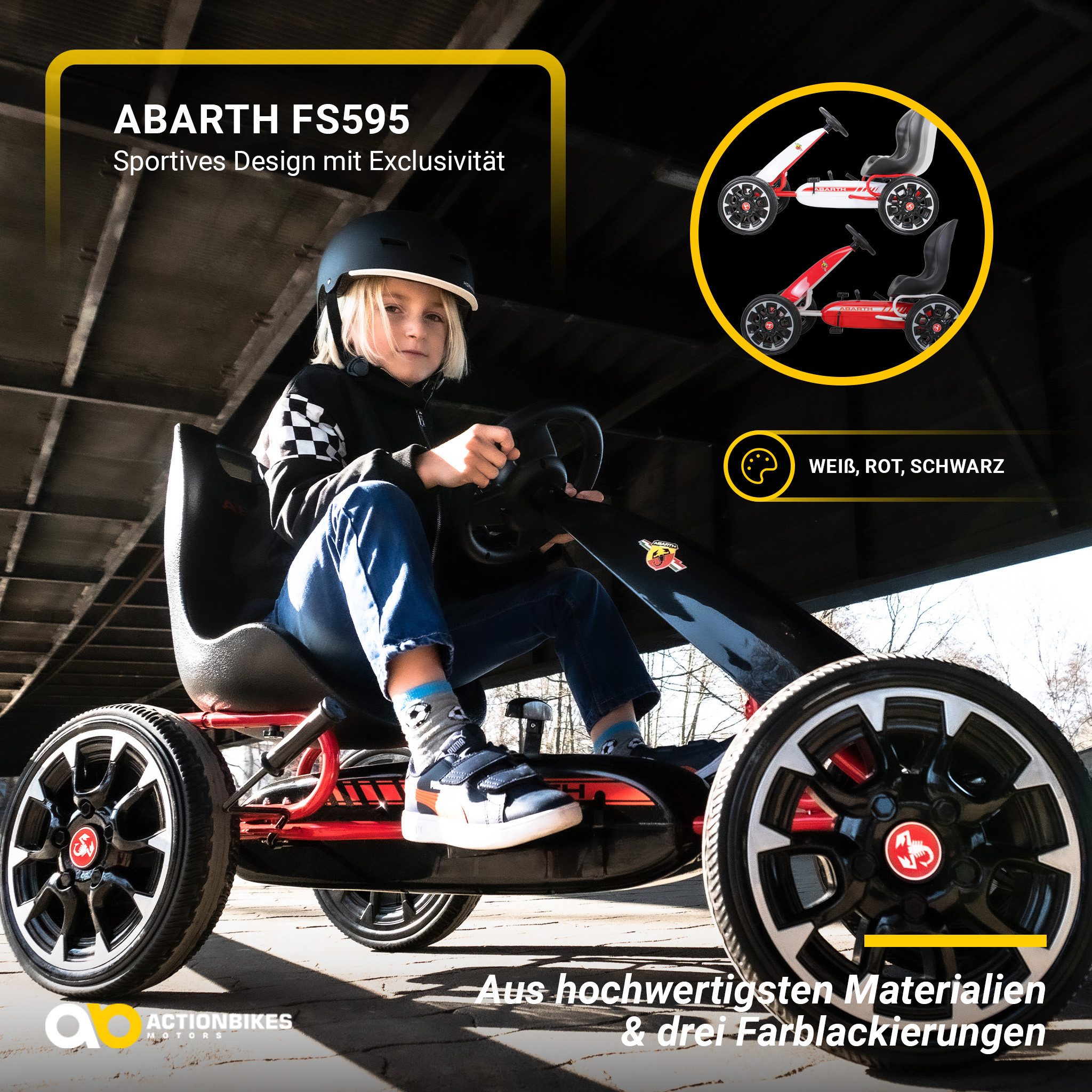 Actionbikes Motors Go-Kart Kinder Pedal Go Kart Abarth FS595 mit Handbremse, Kinder Fahrzeug Spielzeug ab 4-10 Jahre, Kinderkart, Go Kart