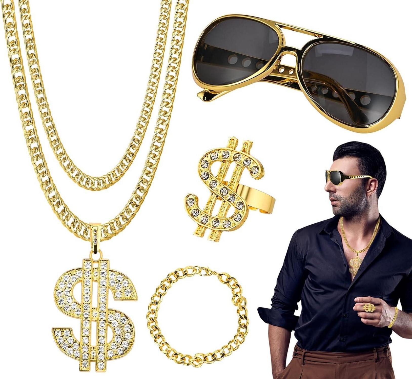 Dekohänger Goldene Dollar Kette Set mit Hip Hop Accessoires für Mottoparty
