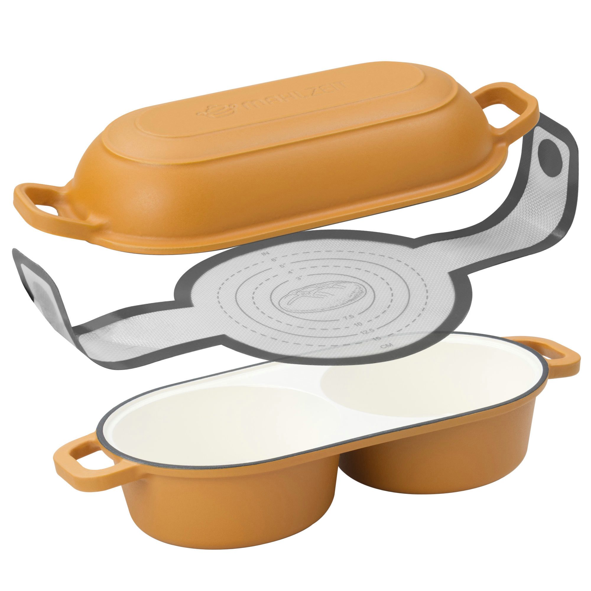 Mahlzeit Bräter Gusseisen Brotbacktopf Set emailliert, 5 Liter, 2 Backkammern, Gusseisen, Zwei separate Backkammern für zwei Brote gleichzeitig