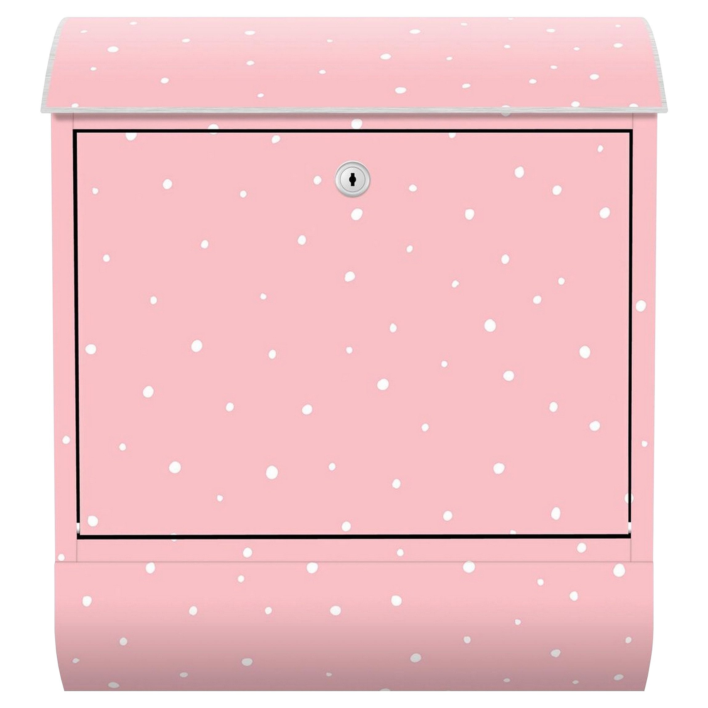 Bilderdepot24 Briefkasten Wandbriefkasten mit Zeitungsfach Motiv Punkte auf Pastellrosa (inkl. Zeitungsrolle und 3 Schlüssel), Motivdruck, wetterfest, UV-beständig, abschließbar, 46x39x13 cm