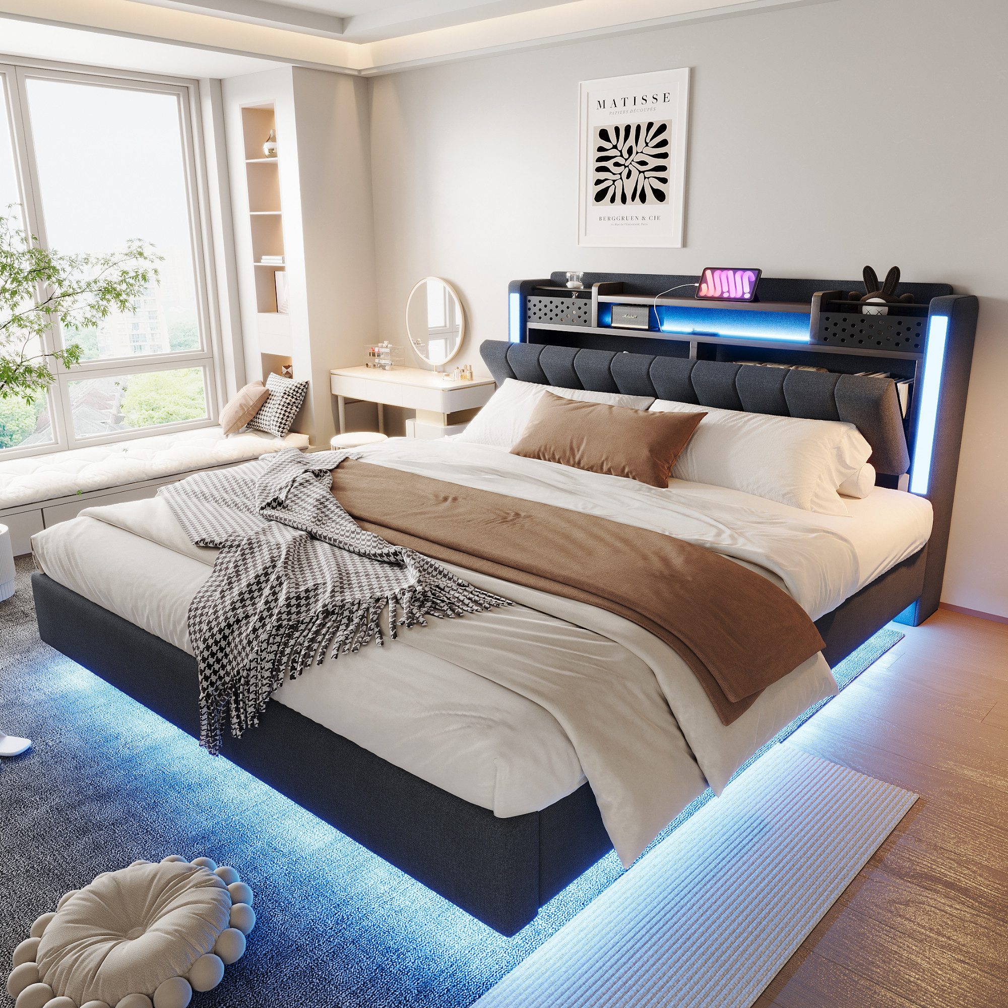 Flieks Polsterbett, LED Schwebebett Doppelbett 160x200cm mit USB-Aufladen u günstig online kaufen