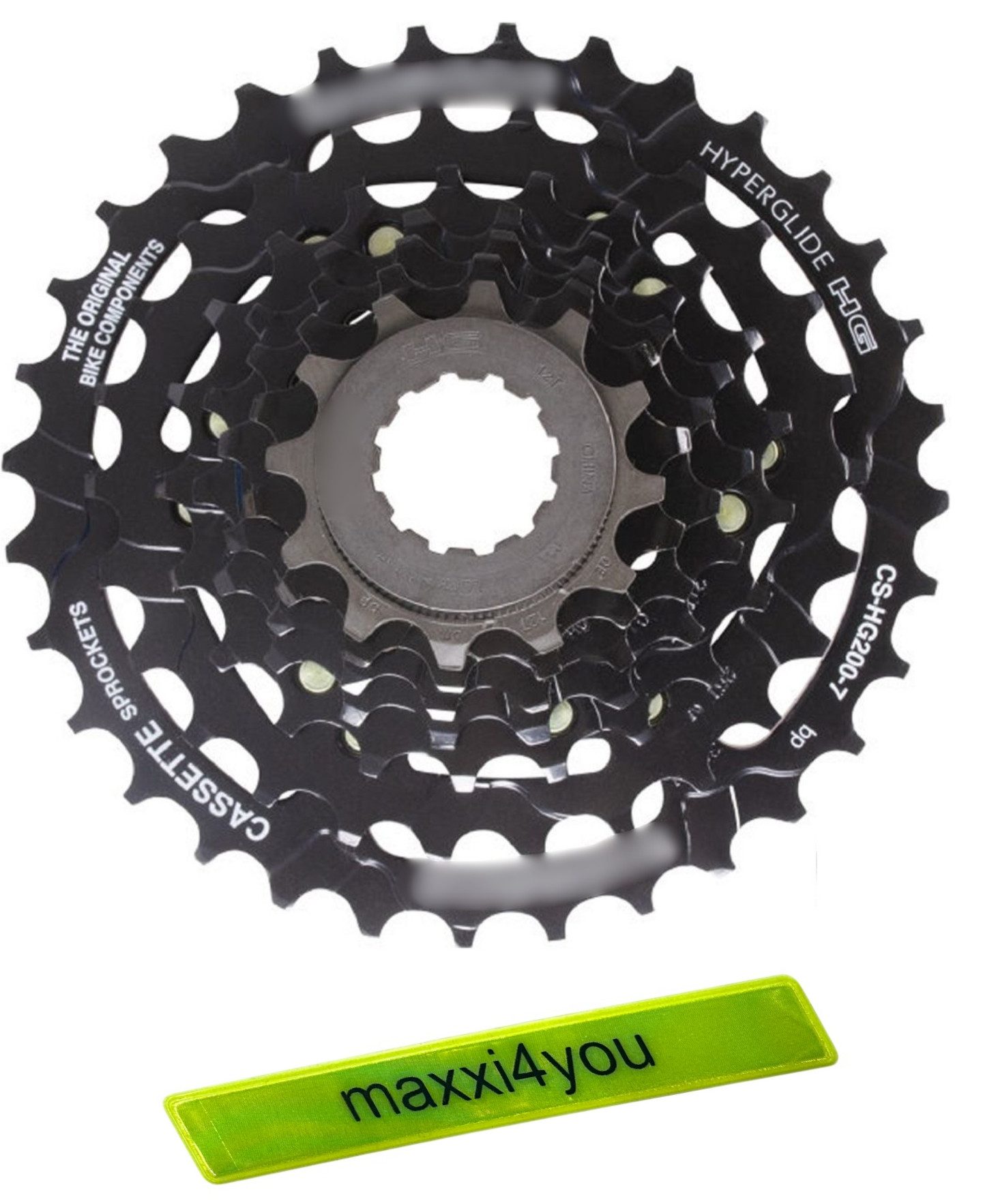 Schaltwerk Shimano Kassette CS-HG200 7-fach 12-32 Zähne inkl maxxi4you Reflexband
