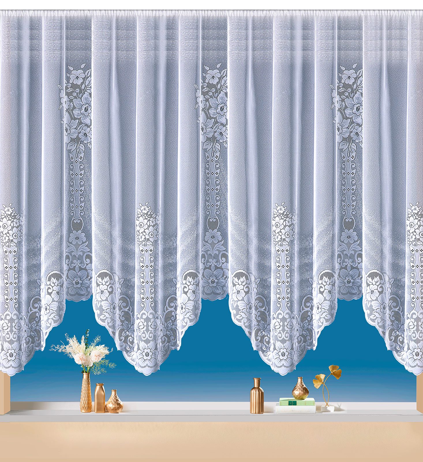 heimtexland Gardine Bogenstore Vorhang Blumen Spitze Scheibengardine (1 St), Kräuselband, halbtransparent, Jacquard, florale Bordüre I weiß I durchscheinend I dekorativ
