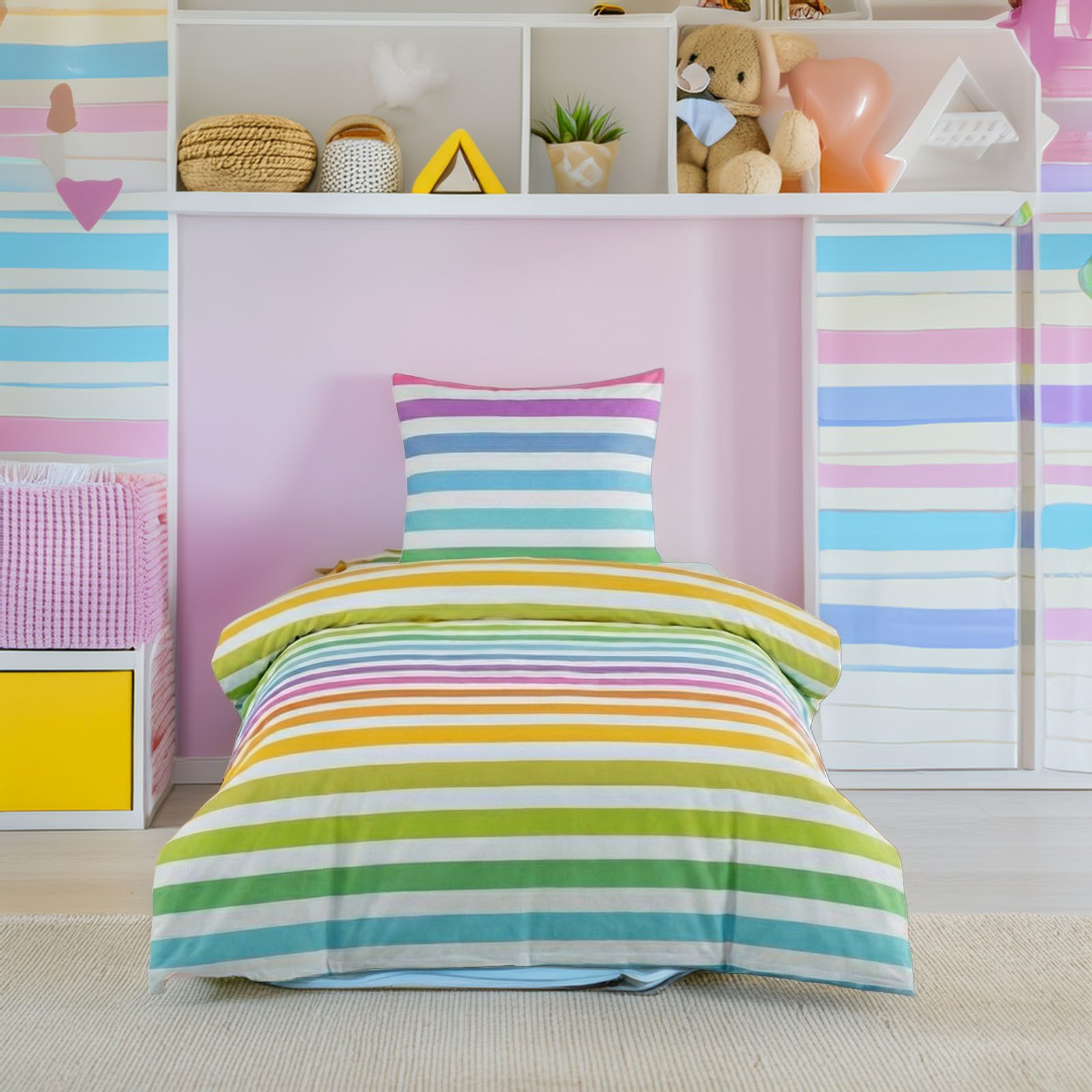 Buymax Kinderbettwäsche Rainbow Kids, Renforcé, 2 teilig, 135x200 cm, 100% Baumwolle, Reißverschluss, Kind, Regenbogen