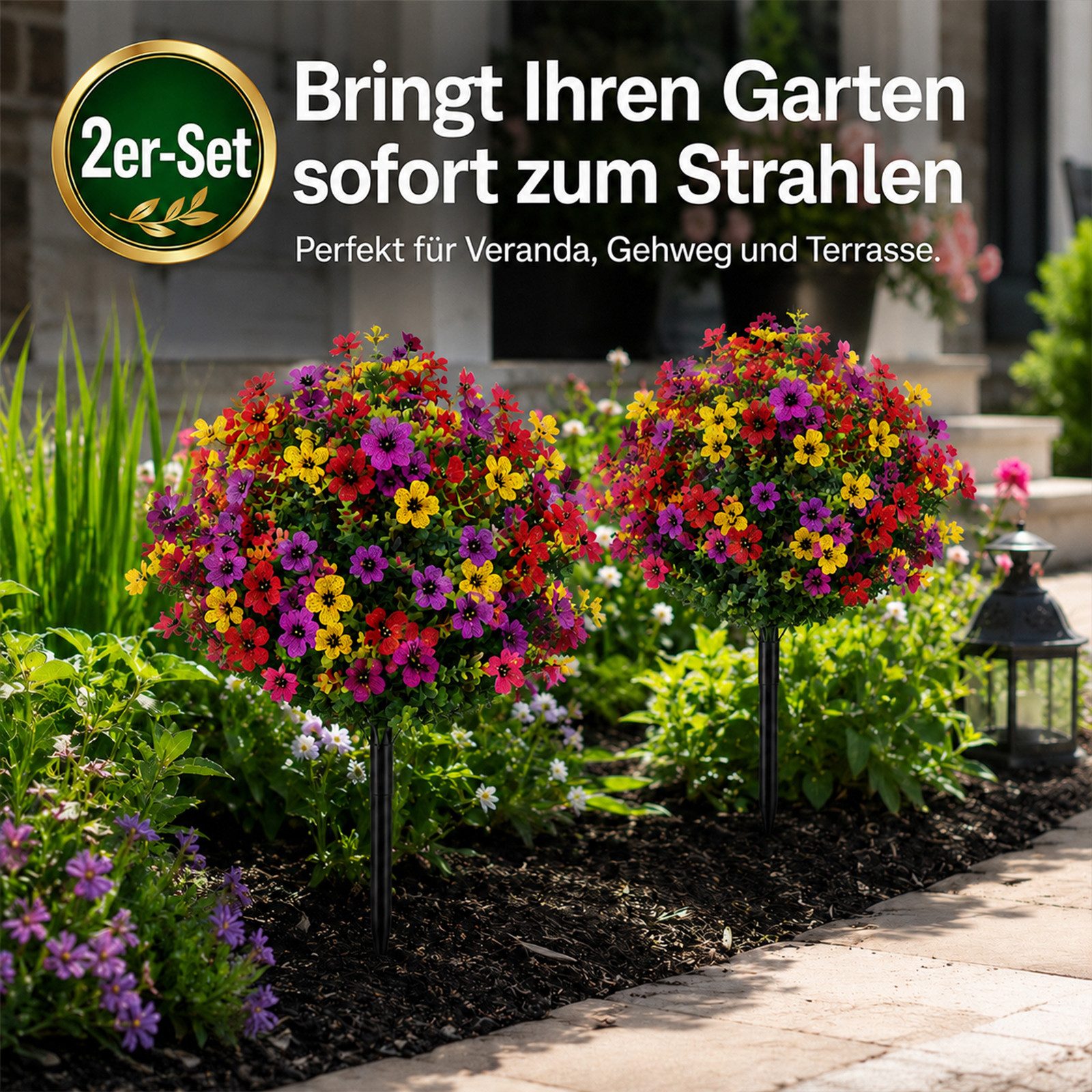 Kunstbaum 2 Stück Kunstpflanze, Künstliche Pflanzen, Kugelbäume mit Erdspieß, BlingBin, Höhe 56 cm, Wetterfest Kunstblumen Pflanzen für Draußen Balkon Garten Veranden