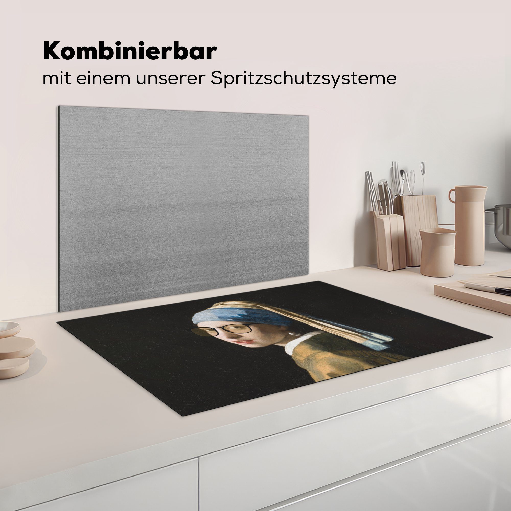 tlg), Brillen, (1 - Induktionskochfeld Mädchen cm, - Ceranfeldabdeckung küche, 81x52 dem MuchoWow mit für die Vermeer Das Herdblende-/Abdeckplatte Perlenohrring Schutz Vinyl,