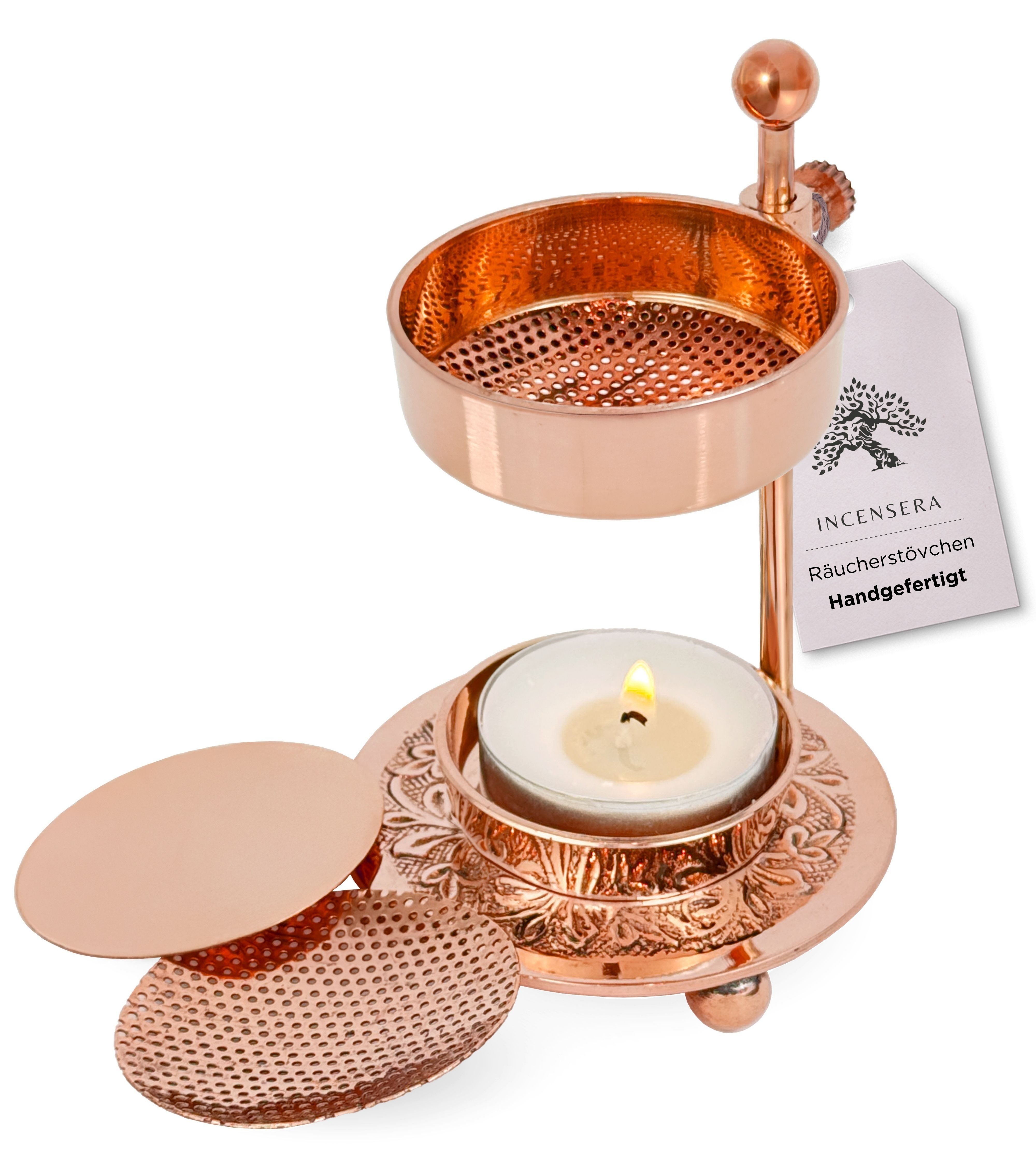 Incensera Räucherstövchen Räucherstövchen Weihrauchbrenner mit Sieb, Stövchen für Räucherharz, Sieb oder Schale, höhenverstellbare Modelle, Metall, standfest
