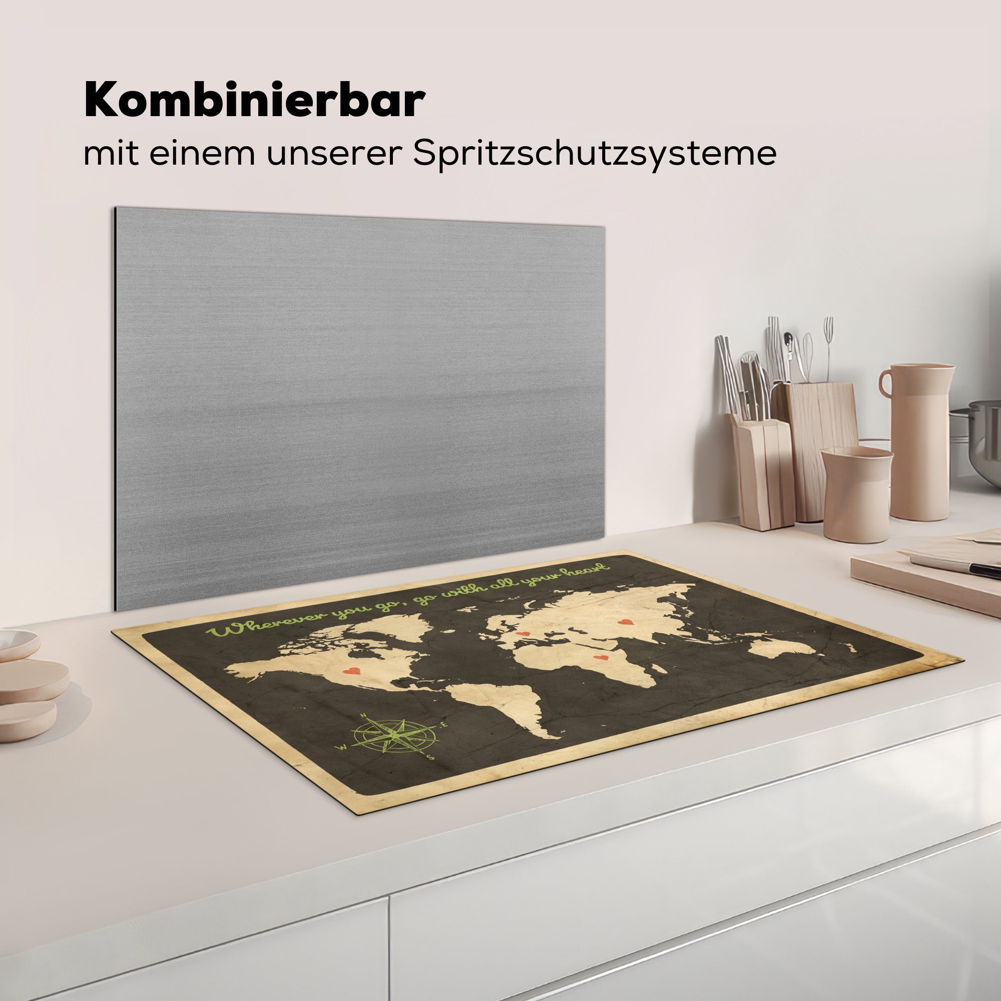 für tlg), Vinyl, - die Ceranfeldabdeckung Weltkarte 81x52 Induktionskochfeld Zitat Kompassrose, Schutz cm, - küche, (1 Herdblende-/Abdeckplatte MuchoWow