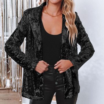 RUZU UG Blusenblazer Frühlings Cardigan Revers Langarm Pailletten Freizeitblazer für Damen