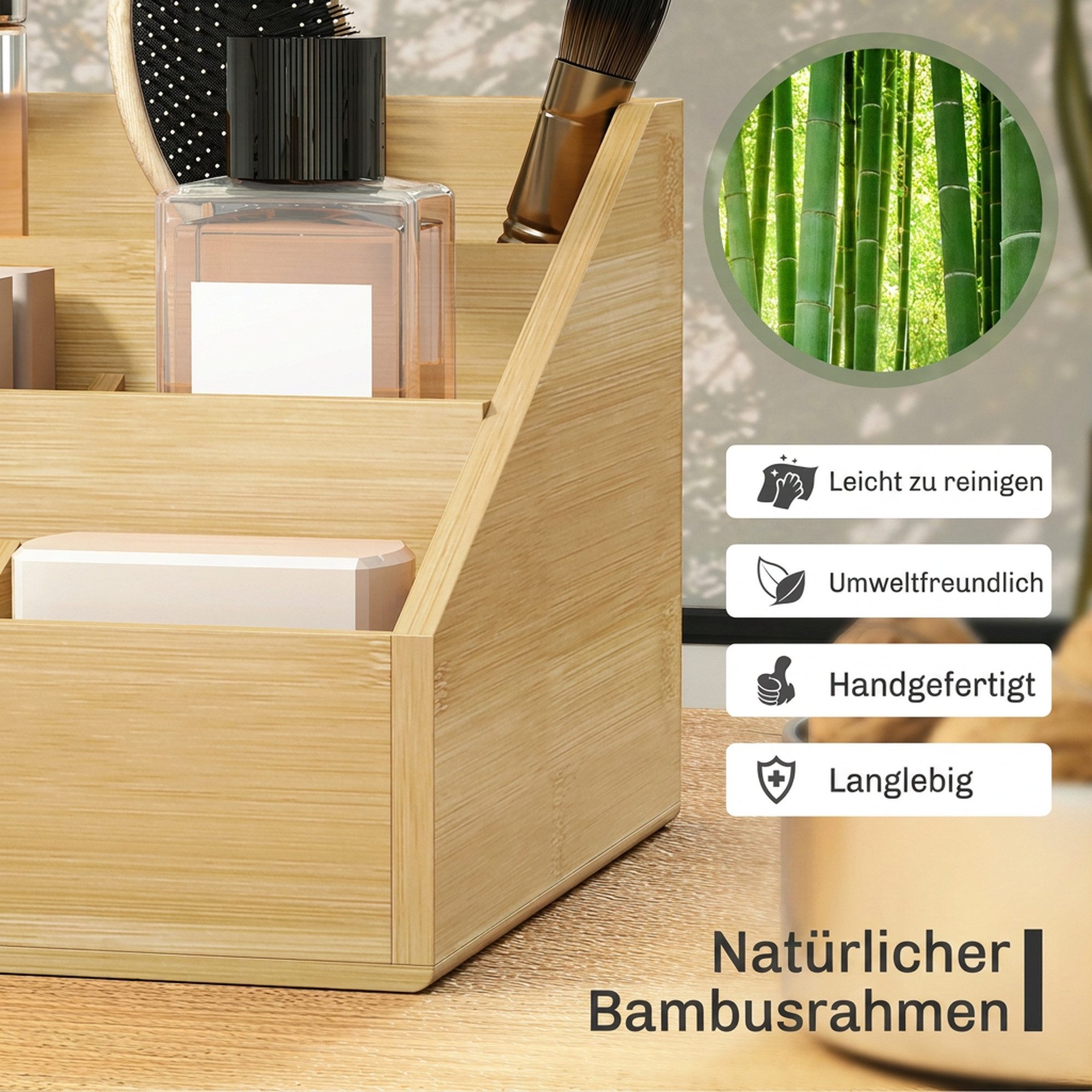 HOMCOM Organizer Schreibtischorganizer Aufbewahrungsbox 2 Schubladen Natur (Schreibtischorganizer, 1 St., 2 Schublade), Naturholz 33 x 20,5 x 15,5 cm – Bild 5 von 5
