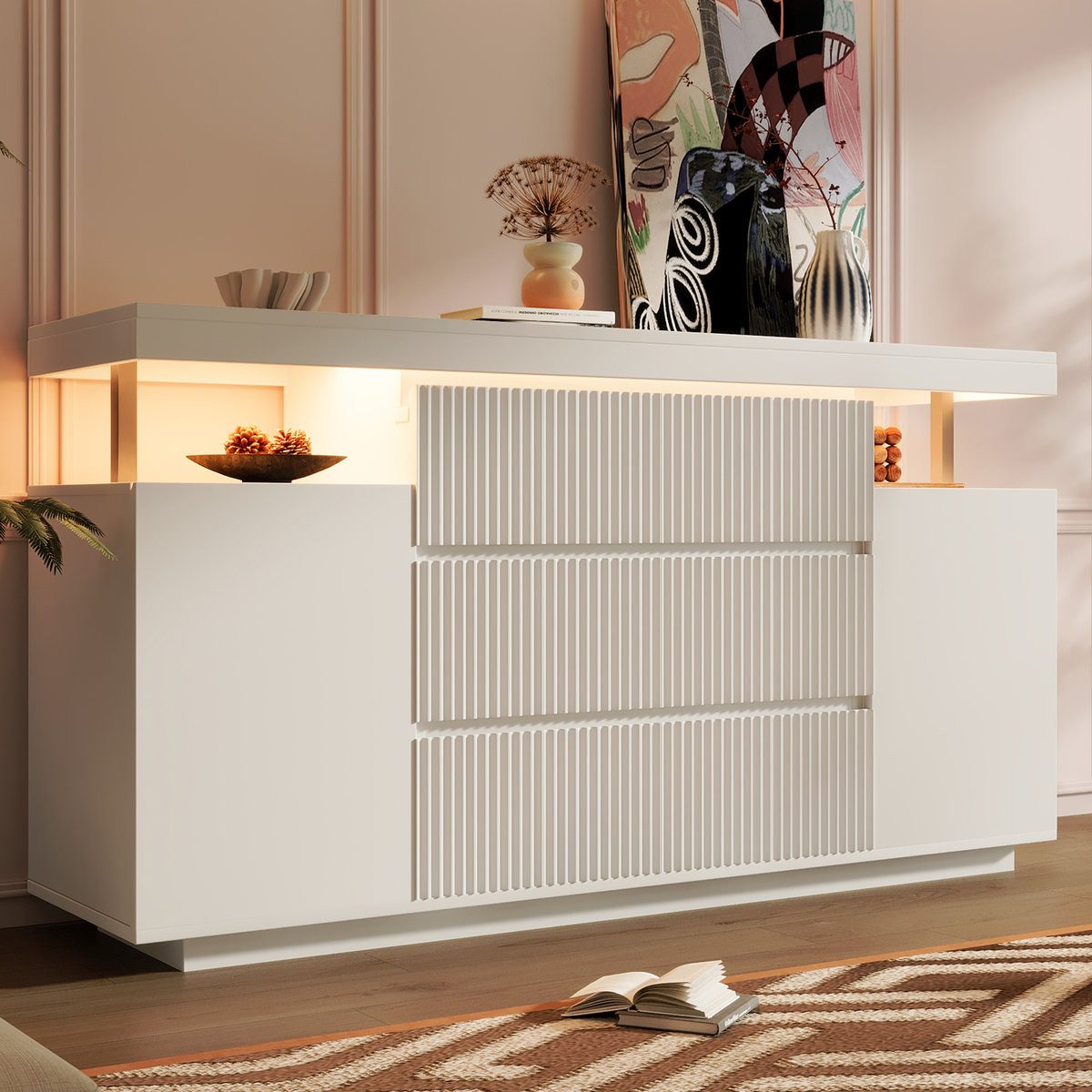 Odikalo Kommode Sideboard mit LED 6 Schubladen & 2 Türen, Schwebendes Design (150x40x78cm, Wohnzimmerschrank Flurschrank mit Riffelfronten)