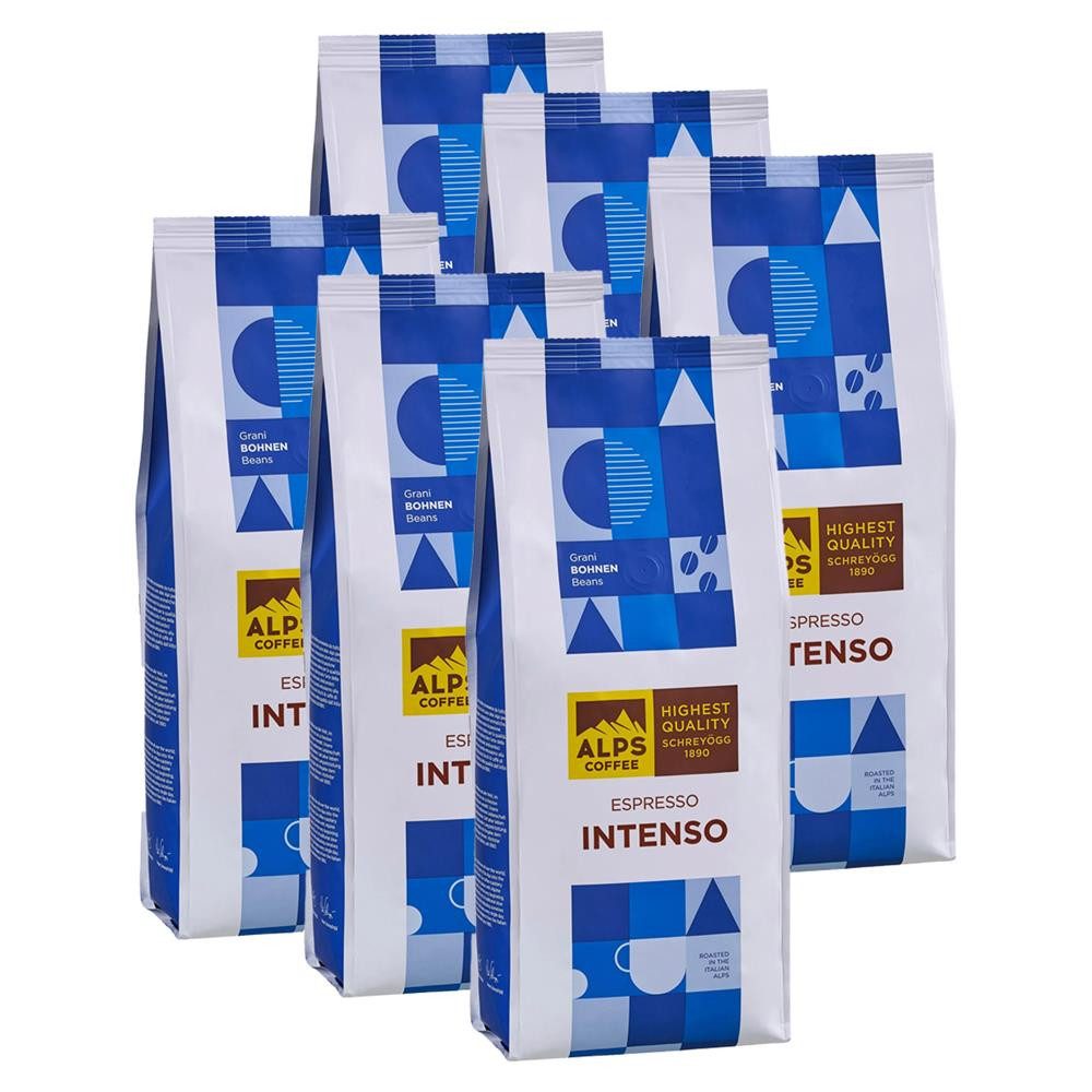 Alps Coffee Kaffee Espresso Intenso Bohnen 6x1kg Kaffeebohnen, 6 x 1000 g, intensive und rassige Note