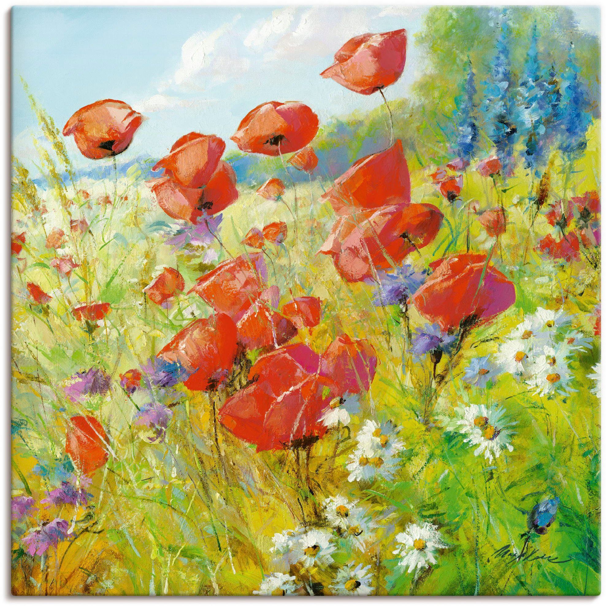 Artland Leinwandbild Sommerwiese mit Mohnblumen, Blumenwiese (1 St), auf Holzrahmen gespannt