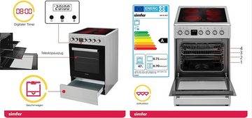 Simfer Elektro-Standherd SMF-FS 4249, 50 cm Herde mit 4x Glaskeramikkochfeld, 47 Liter, mit 1-fach-Teleskopauszug, Zweikreis&Bräterzone, 4 Hilight-Zonen, Teleskopauszug, Digitaler Timer