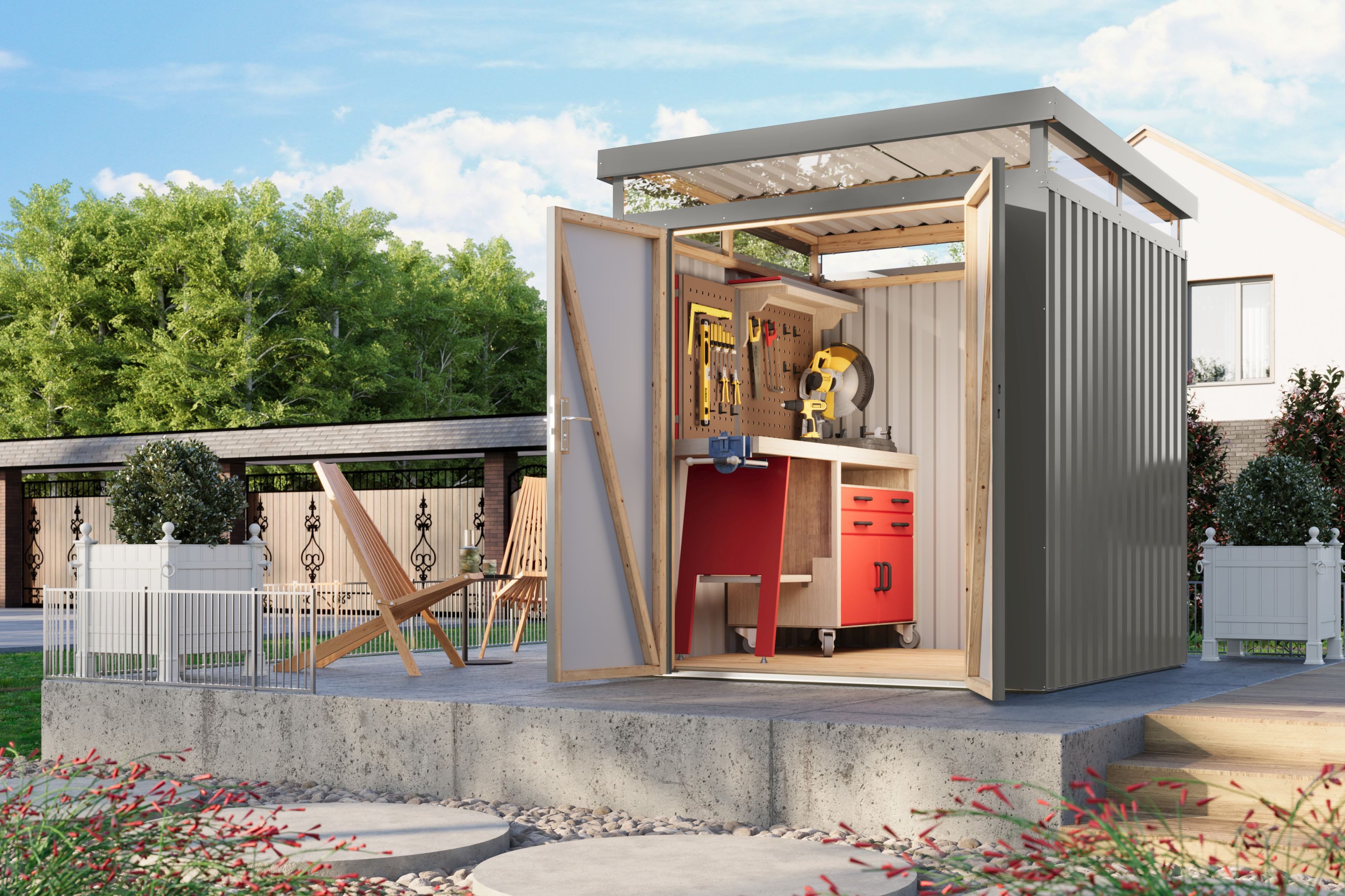 Karibu Gerätehaus Boldmere Geräteschuppen Metallhaus, BxT: 207x209 cm, (M,ohne Anbaudach, graualuminium), Flachdach, 0,5mm Trapezblech, beschichtet