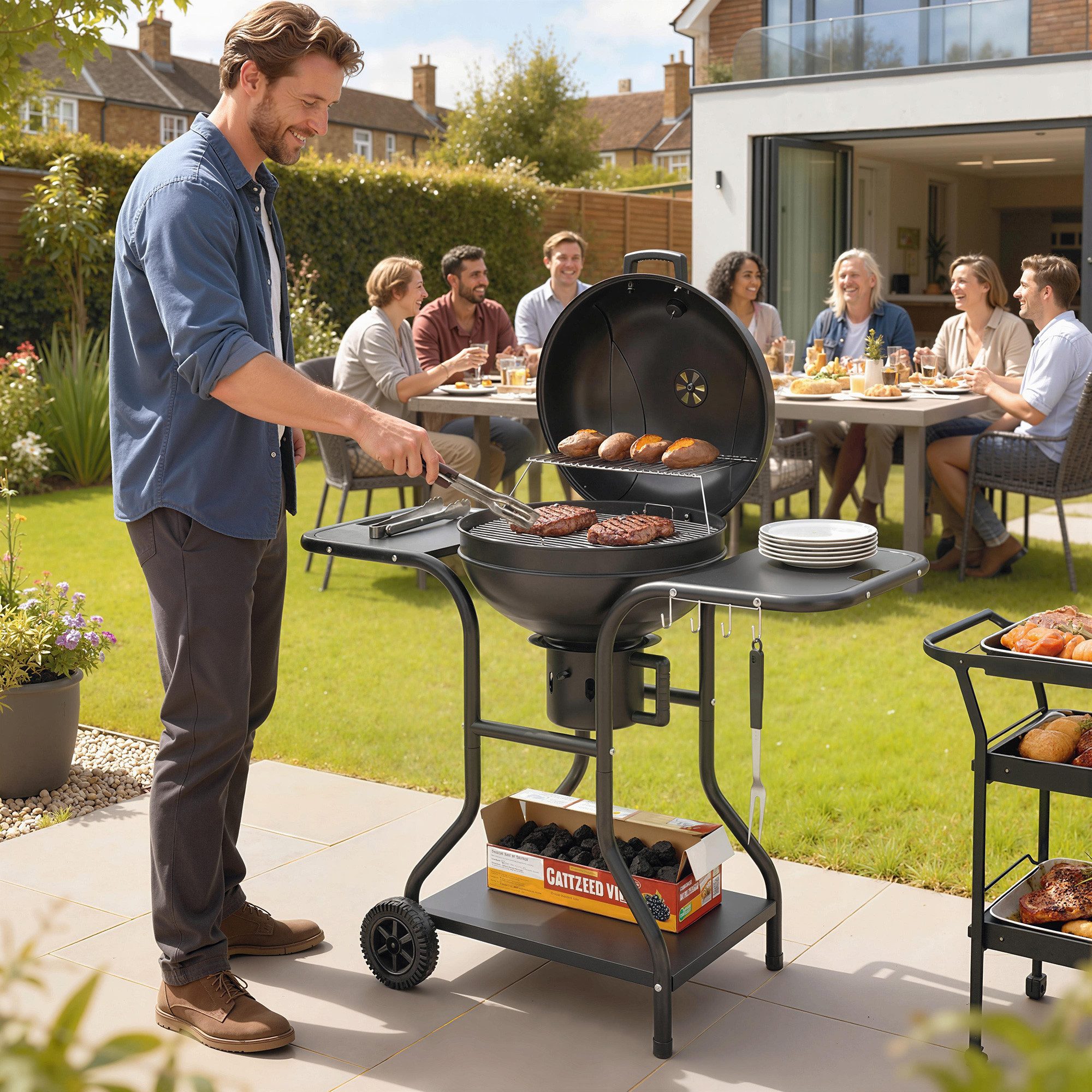 MC Star Holzkohlegrill Holzkohlegrill BBQ Smoker mit Seitentischen Deckel, Thermometer Räder 129 x 63,5 x 106,5 cm