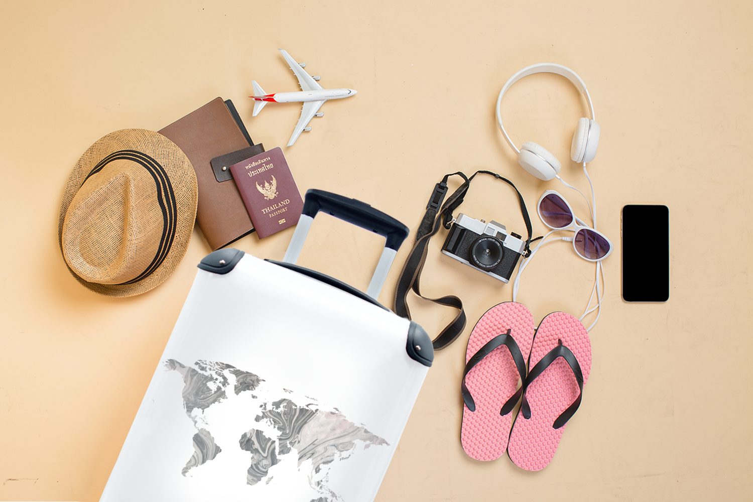 Farbe Reisekoffer 4 Reisetasche - Ferien, Trolley, Handgepäckkoffer - rollen, Handgepäck mit Weltkarte für Marmor, Rollen, MuchoWow