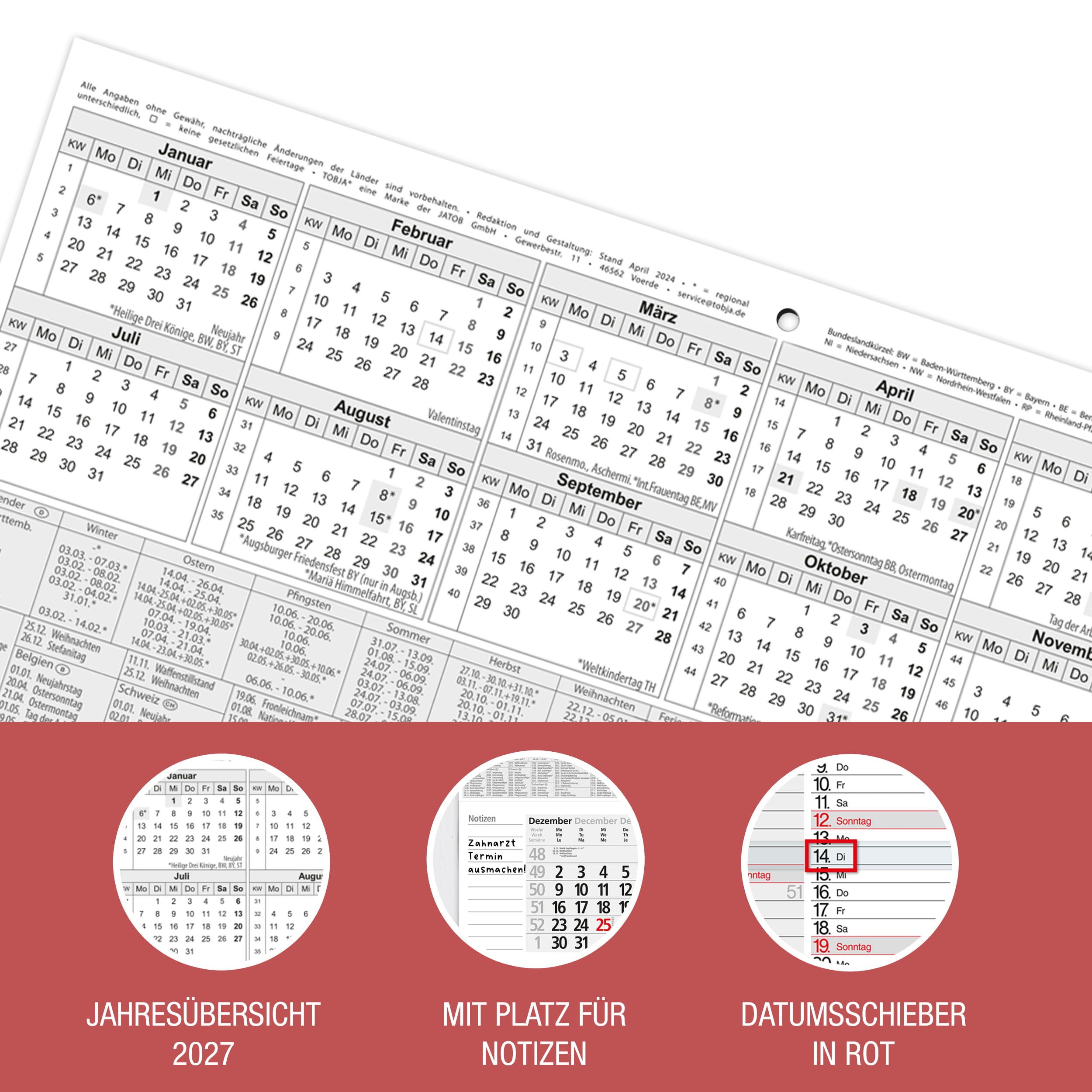 TOBJA Wandkalender 3 Monatskalender 2027 mit Notizfeld & Tagesliste 30x56 cm FSC, Notizfeld, Tagesliste, Datumsschieber, Schulferien DE+AT, FSC – Bild 5 von 5